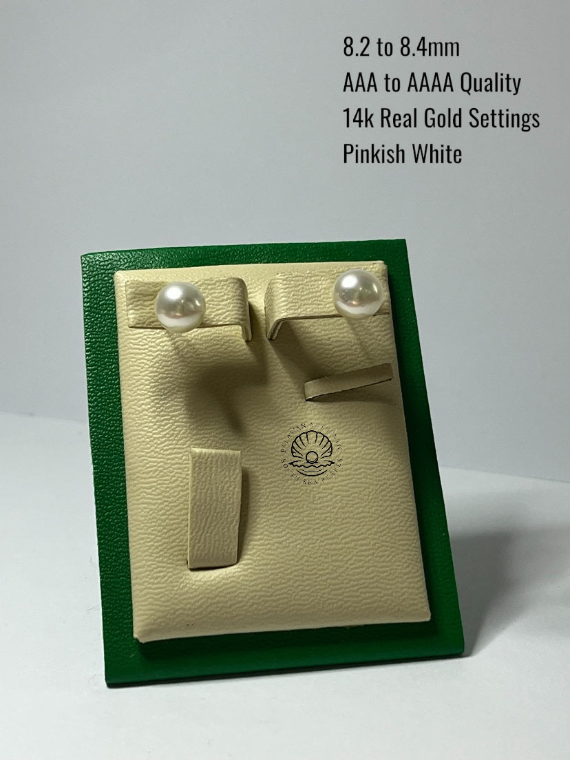 8.2 to 8.4mm Palawan Authentic Pinkish White Color South Sea Pearl Earrings in 14k Real Gold Settings