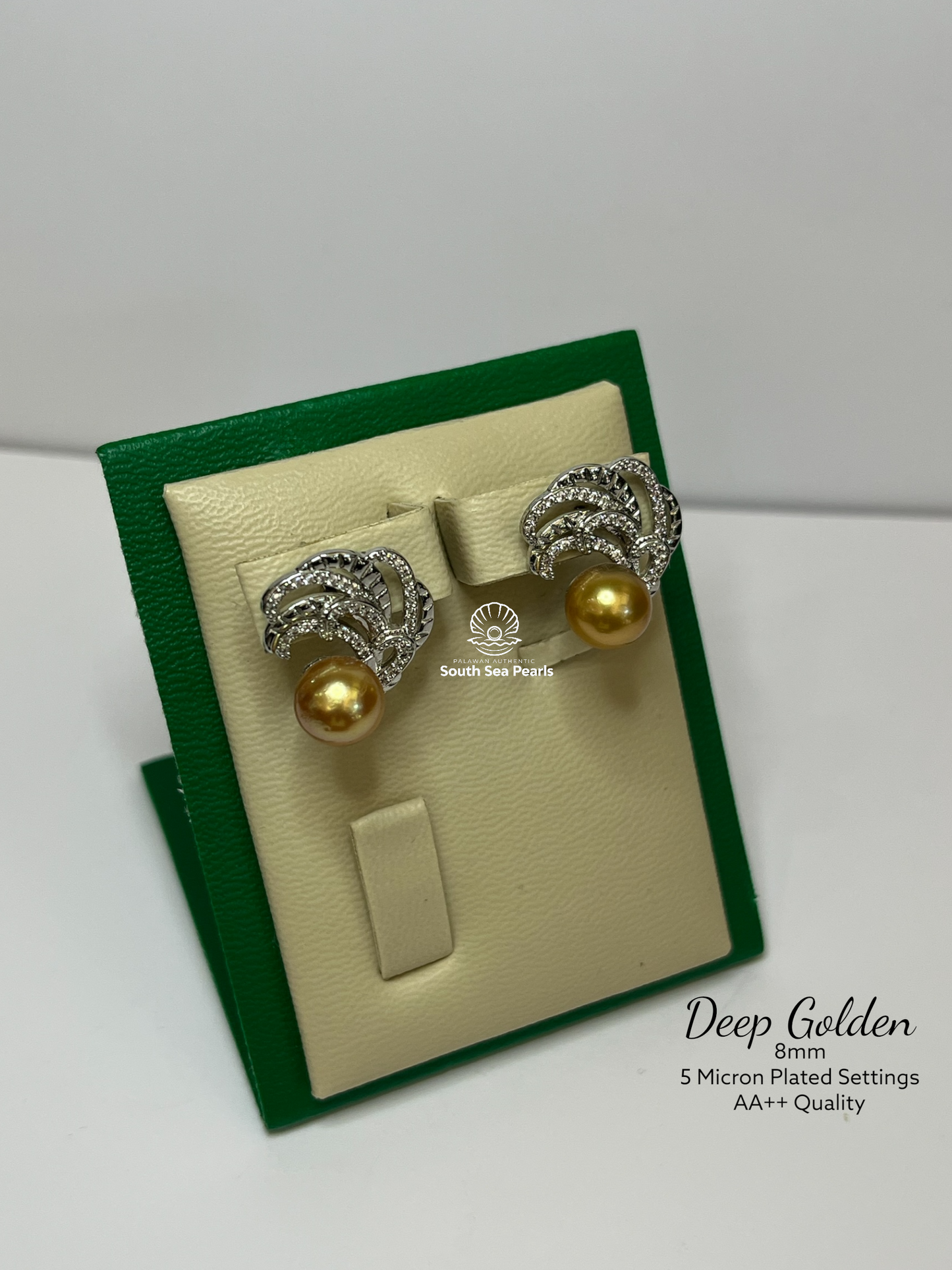8mm Palawan Authentic Deep Golden Color South Sea Pearl Earrings in 5 Micron Plated Settings