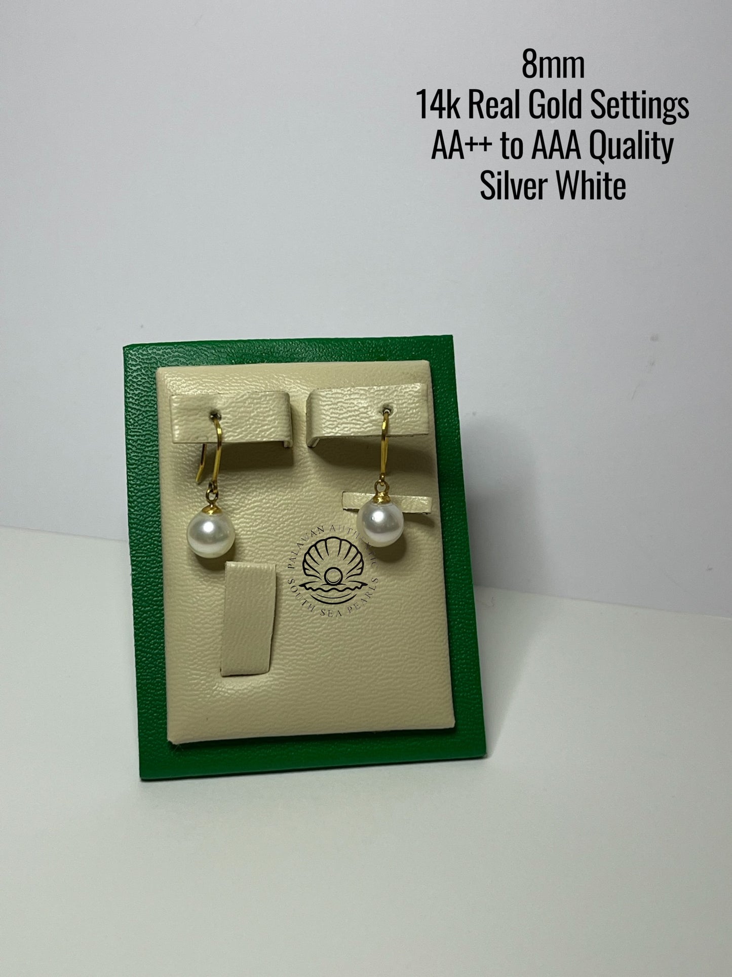 8mm Palawan Authentic Silver White Color South Sea Pearl Earrings in 14k Real Gold Settings