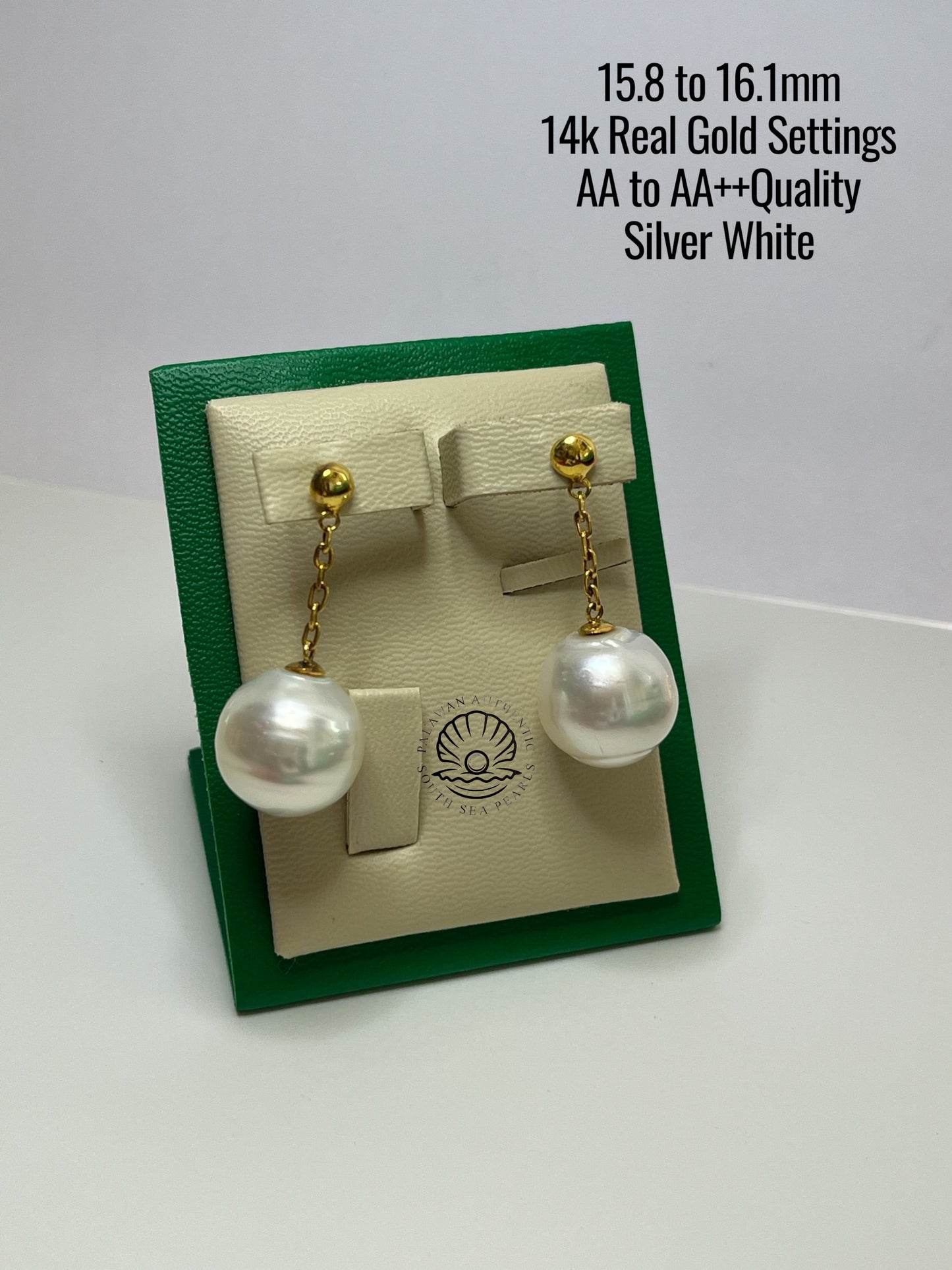 15.8 to 16.1mm Palawan Authentic Silver White Color South Sea Pearl Earrings in 14k Real Gold Settings