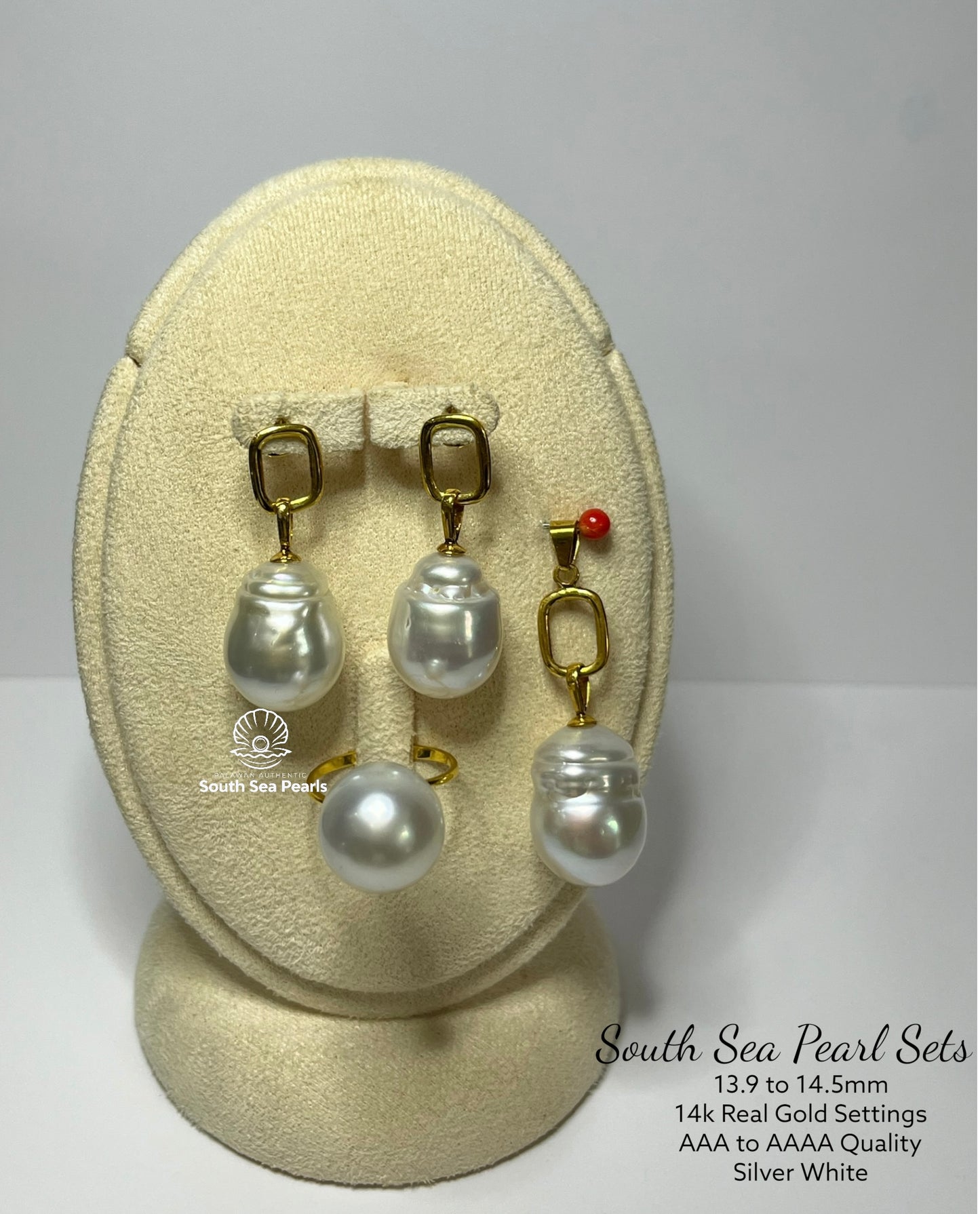 13.9 to 14.5mm Palawan Authentic Silver White Color South Sea Pearl Sets in 14k Real Gold Settings