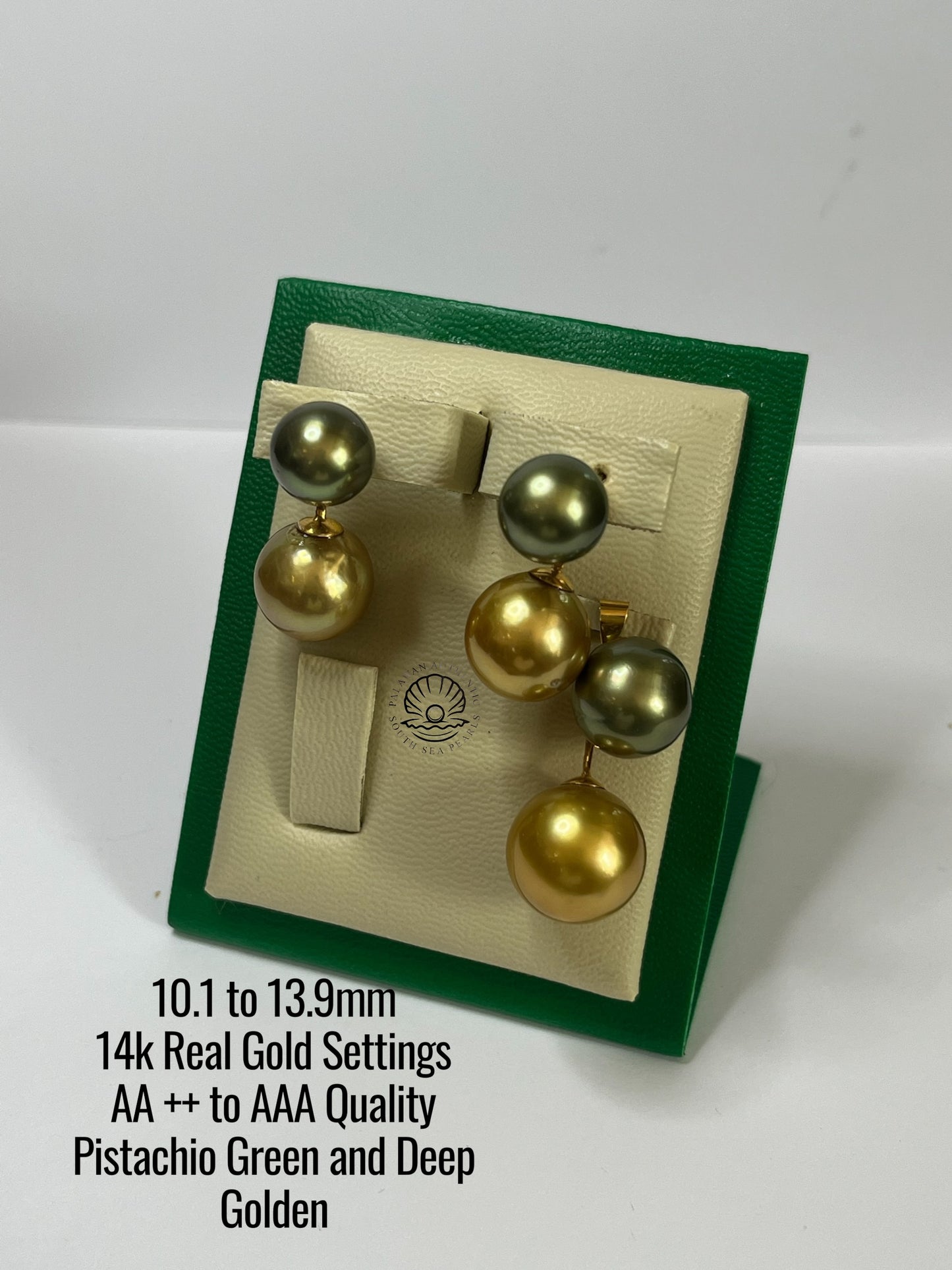10.1 to 13.9mm Palawan Authentic Pistachio Green and Deep Golden Color South Sea Pearl Sets in 14k Real Gold Settings