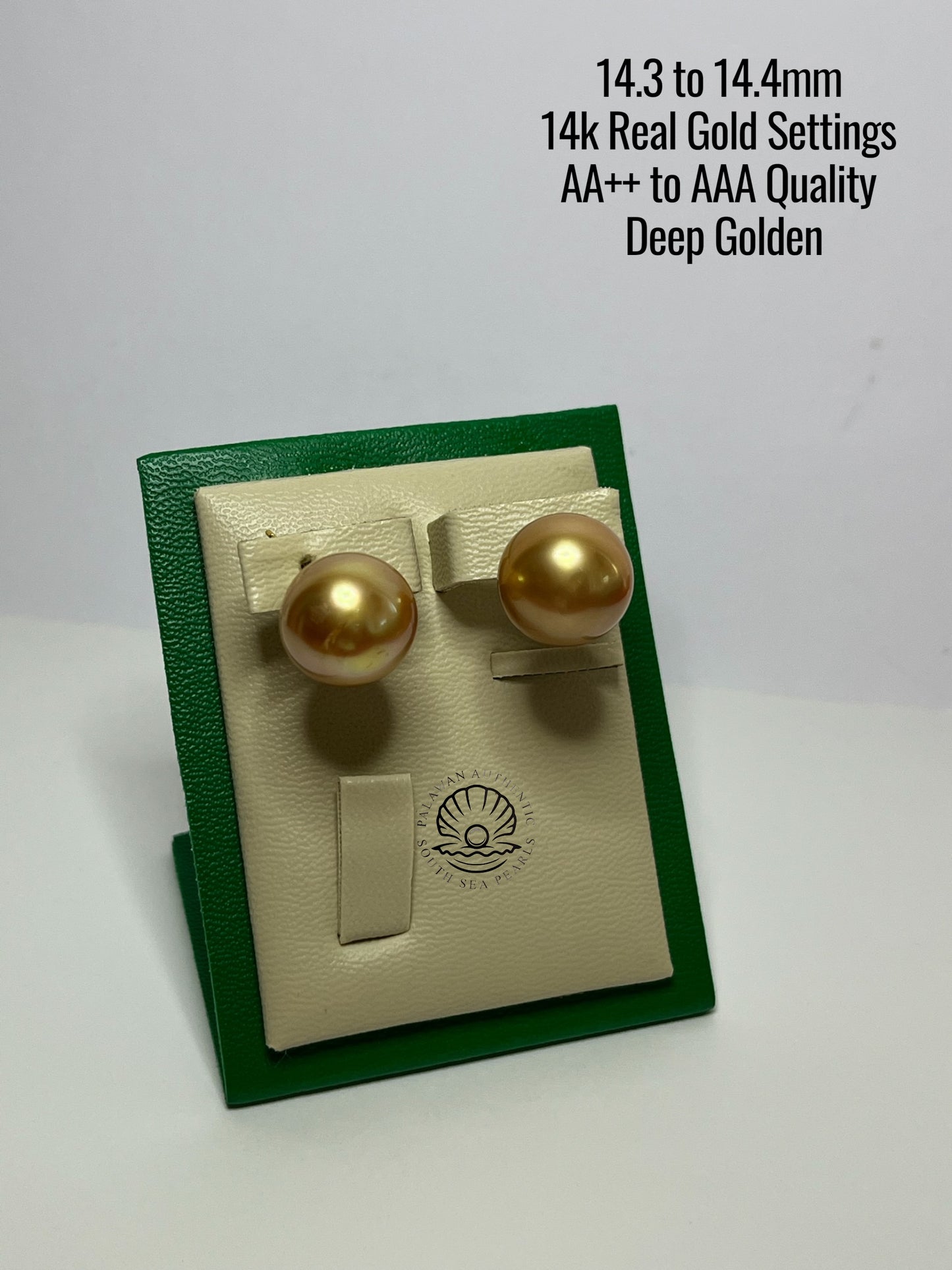 14.3 to 14.4mm Palawan Authentic Deep Golden Color South Sea Pearl Earrings in 14k Real Gold Settings