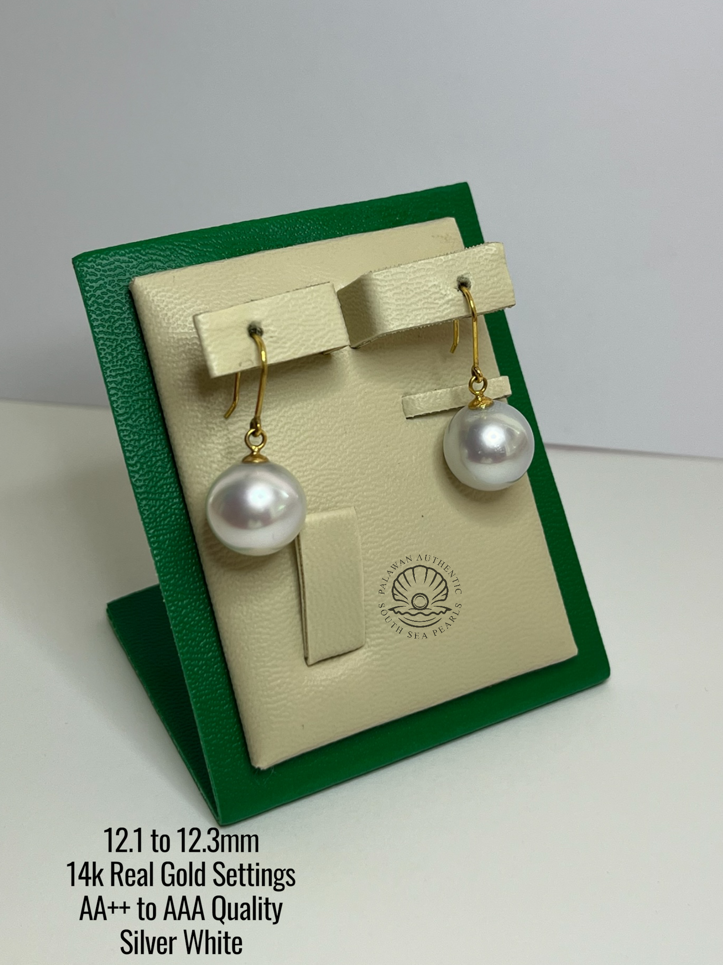 12.1 to 12.3mm Palawan Authentic Silver White Color South Sea Pearl in 14k Real Gold Settings