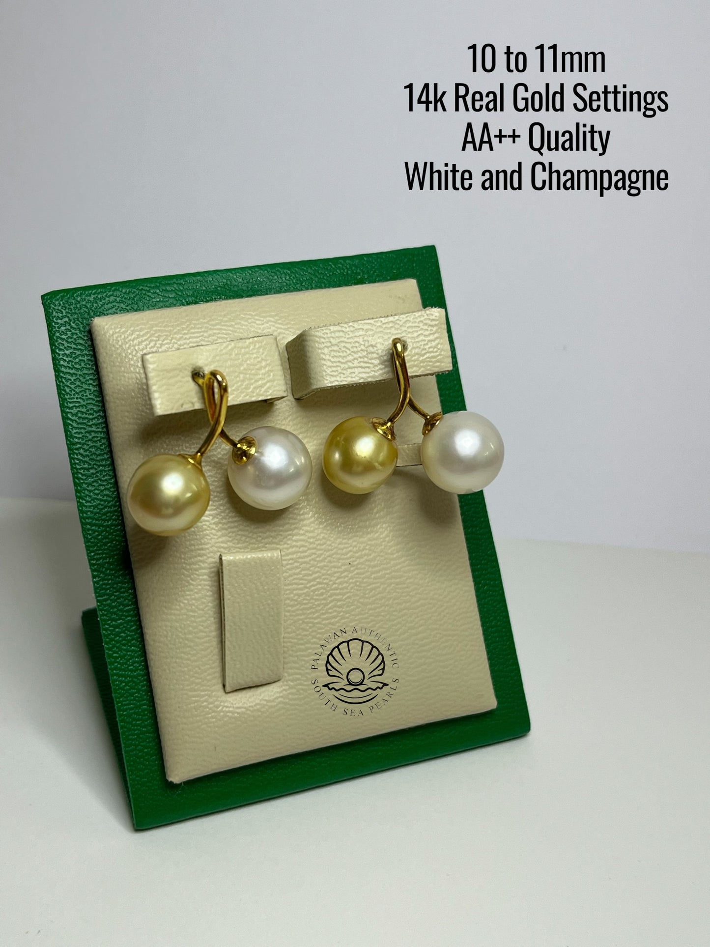 10 to 11mm Palawan Authentic White and Champagne Color South Sea Pearl Earrings in 14k Real Gold Settings