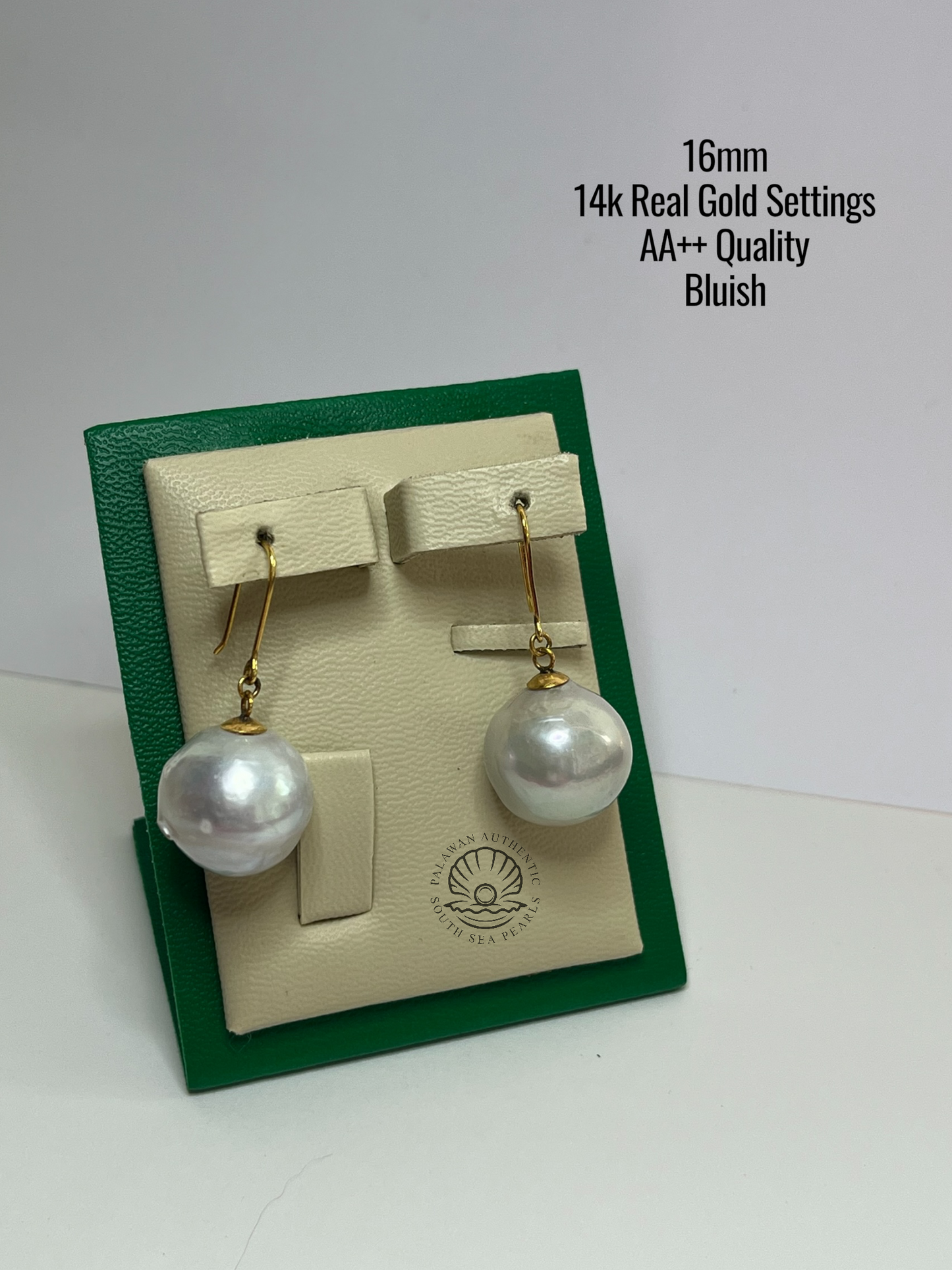 16mm Palawan Authentic Bluish Color South Sea Pearl in 14k Real Gold Settings