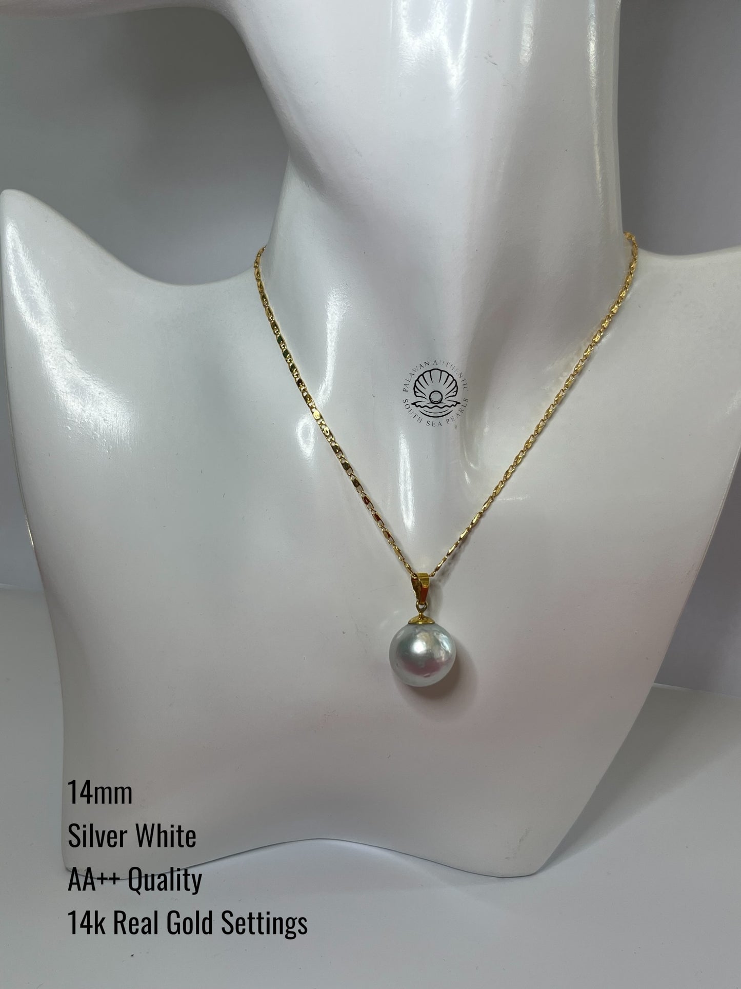 14mm Palawan Authentic Silver White Color South Sea Pearl Pendant in 14k Real Gold Settings