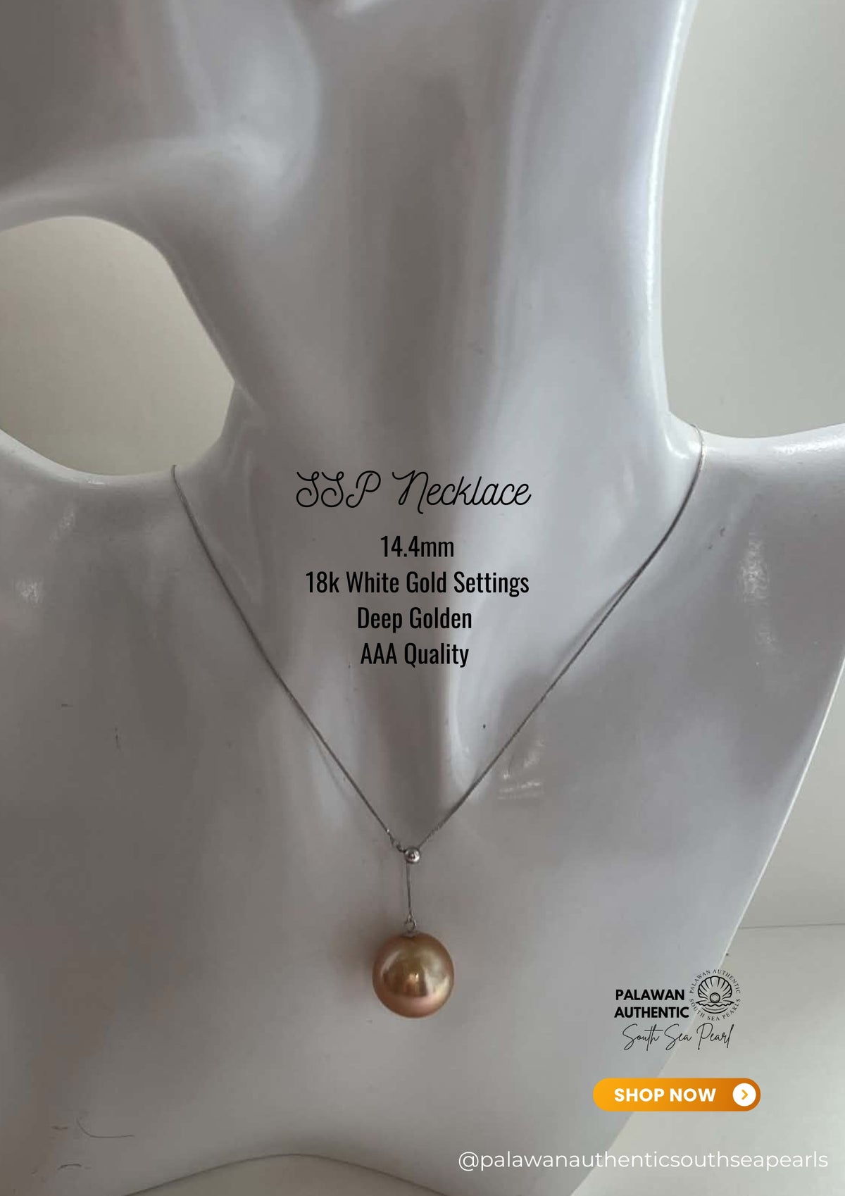 14.4mm Palawan Authentic Deep Golden Color South Sea Pearl Floating Necklace in 18k Real Gold Settings