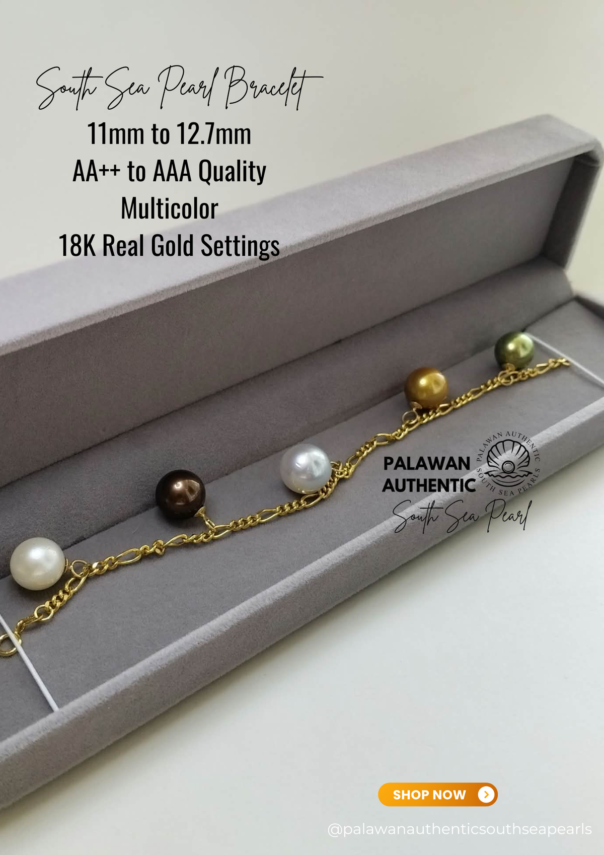 11mm to 12.7mm Palawan Authentic Multicolor South Sea Pearl Bracelet in 18k Real Gold Settings