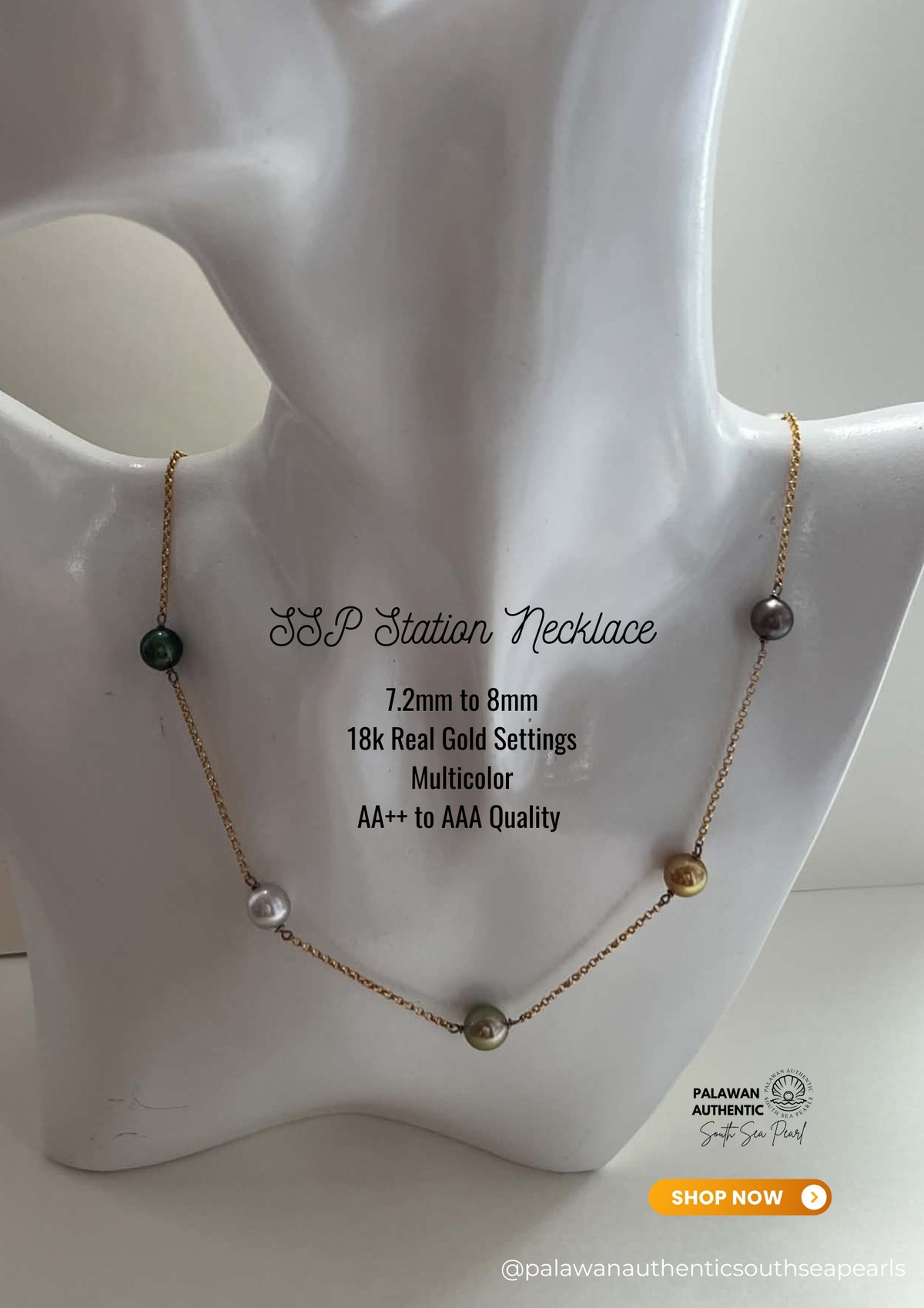 7.2mm to 8mm Palawan Authentic MultiColor South Sea Pearl Station Necklace in 18k Real Gold Settings