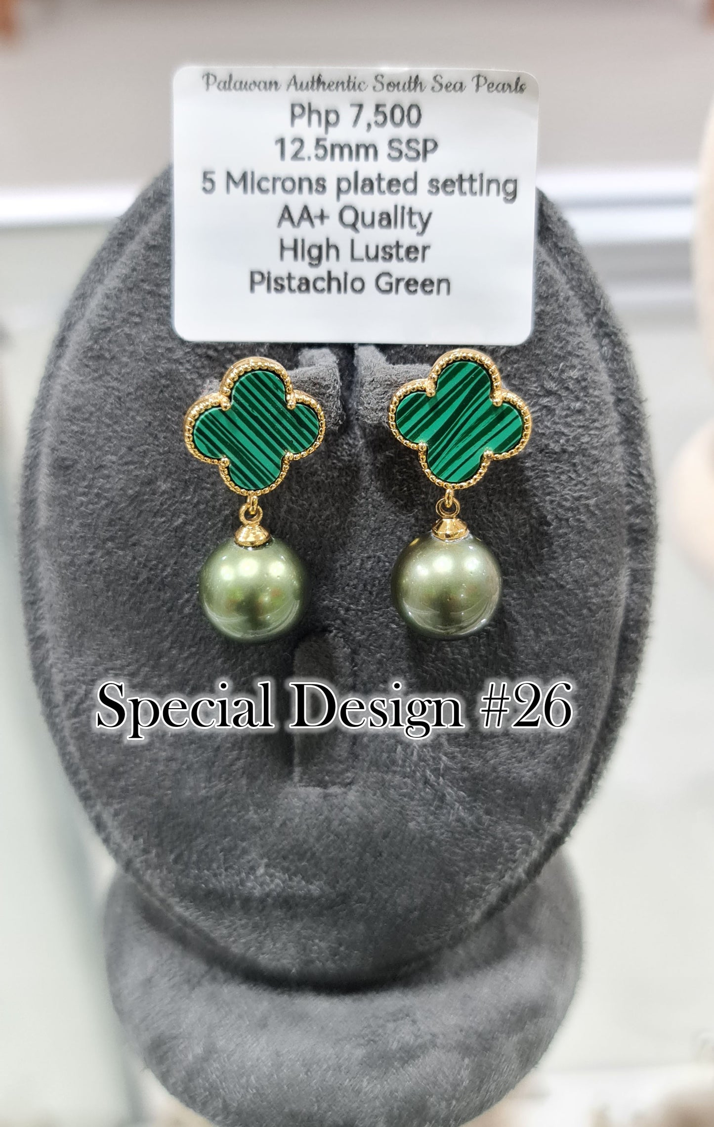 12.5mm Authentic South Sea Pearls Pistachio Green Special Design Earrings Set in 5 Microns Settings