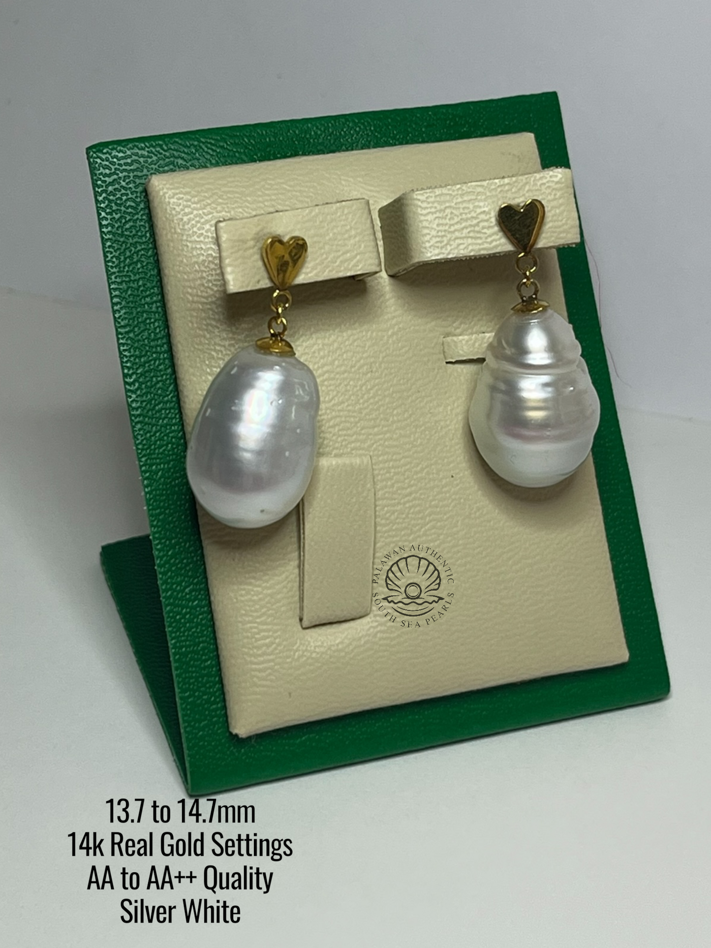 13.7 to 14.7mm Palawan Authentic Silver White Color South Sea Pearl in 14k Real Gold Settings