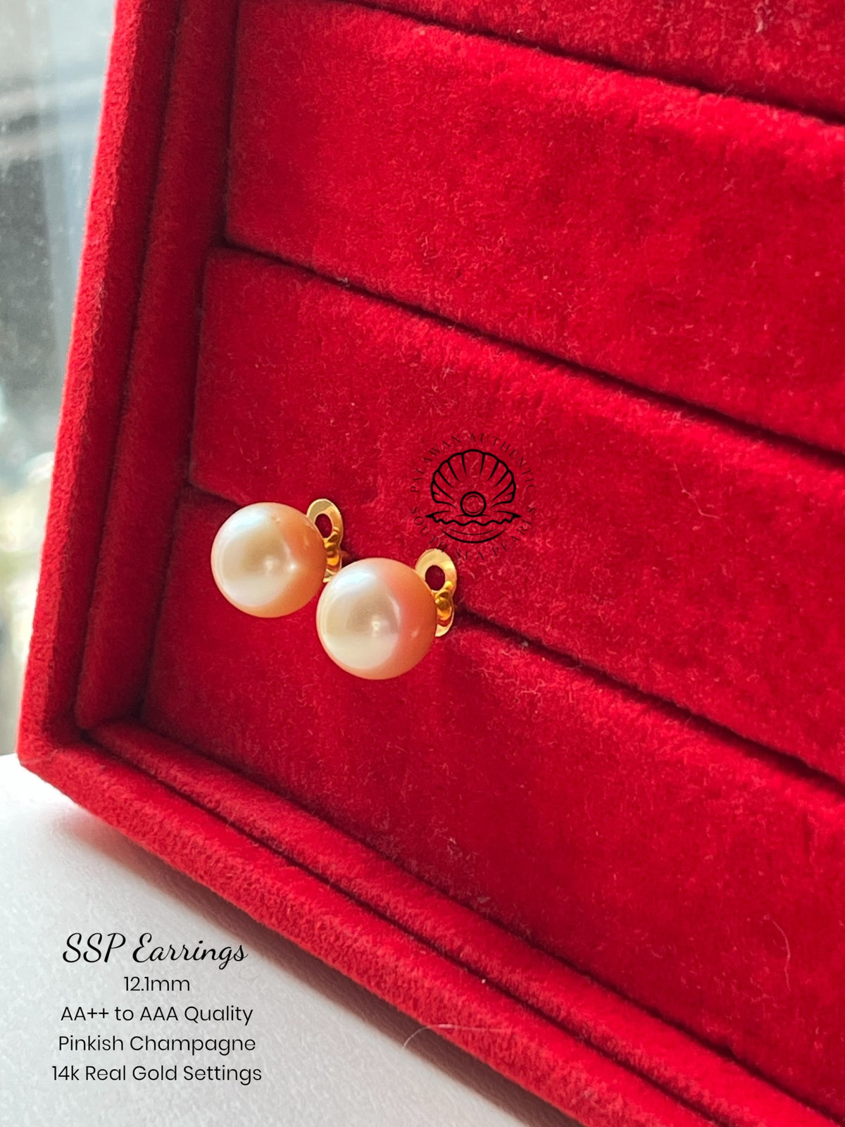 12.1mm Palawan Authentic Pinkish Champagne Color South Sea Pearl Earrings in 14k Real Gold Settings