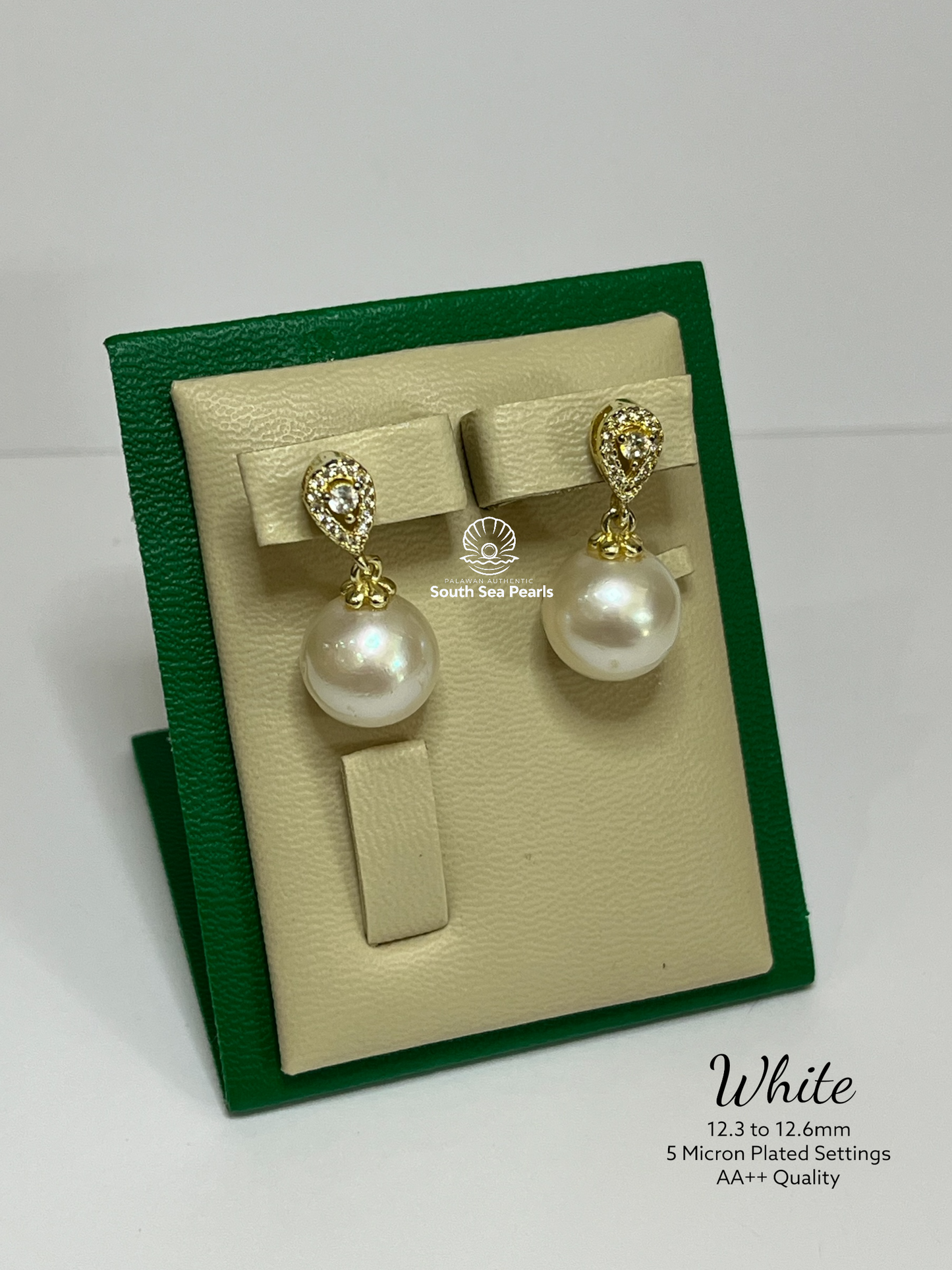12.3 to 12.6mm Palawan Authentic White Color South Sea Pearl Earrings in 5 Micron Plated Settings