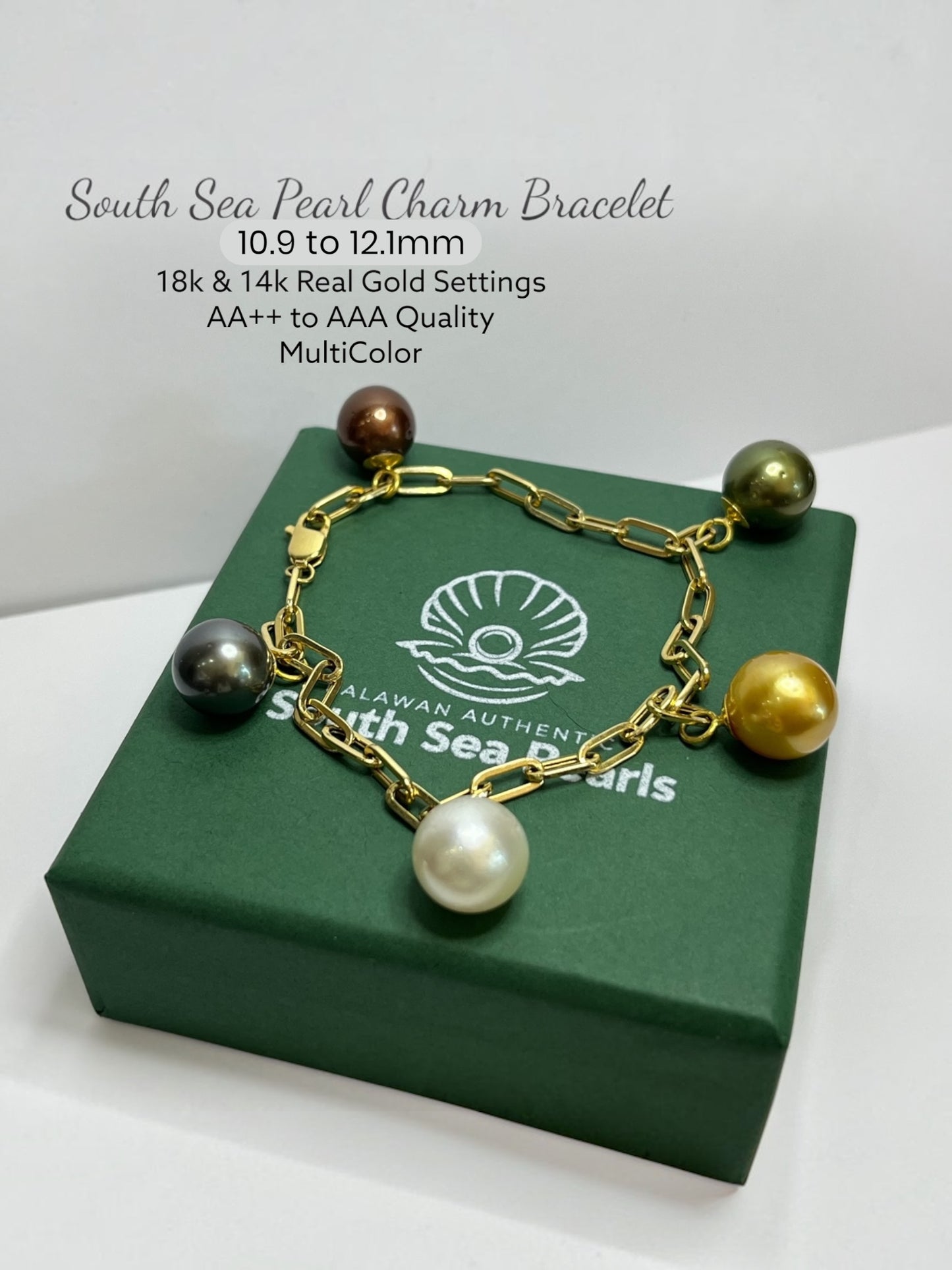 10.9 to 12.1mm Palawan Authentic Multi Color South Sea Pearl Bracelet in 14k and 18k Real Gold Settings