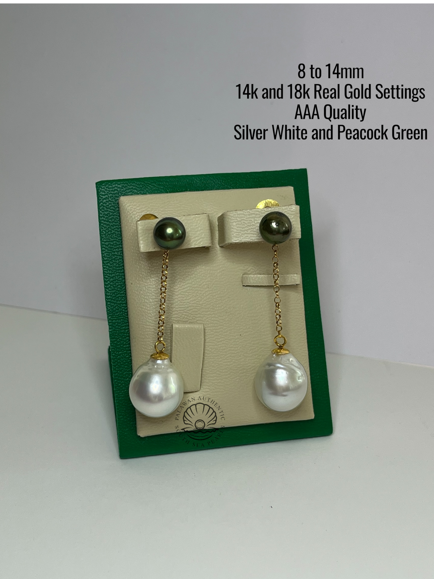 8 to 12 mm Palawan Authentic Silver White and Peacock Green Color South Sea Pearl in 14k and 18k Real Gold Settings
