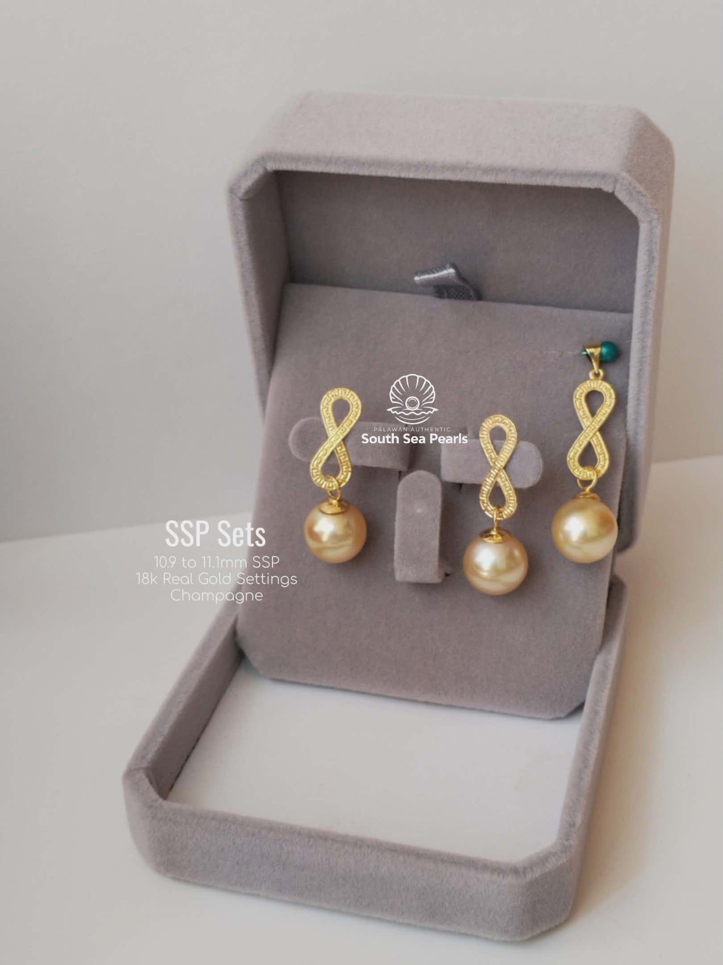 10.9mm to 11.1mm Palawan Authentic Champagne Color South Sea Pearl Sets in 18k Real Gold Settings