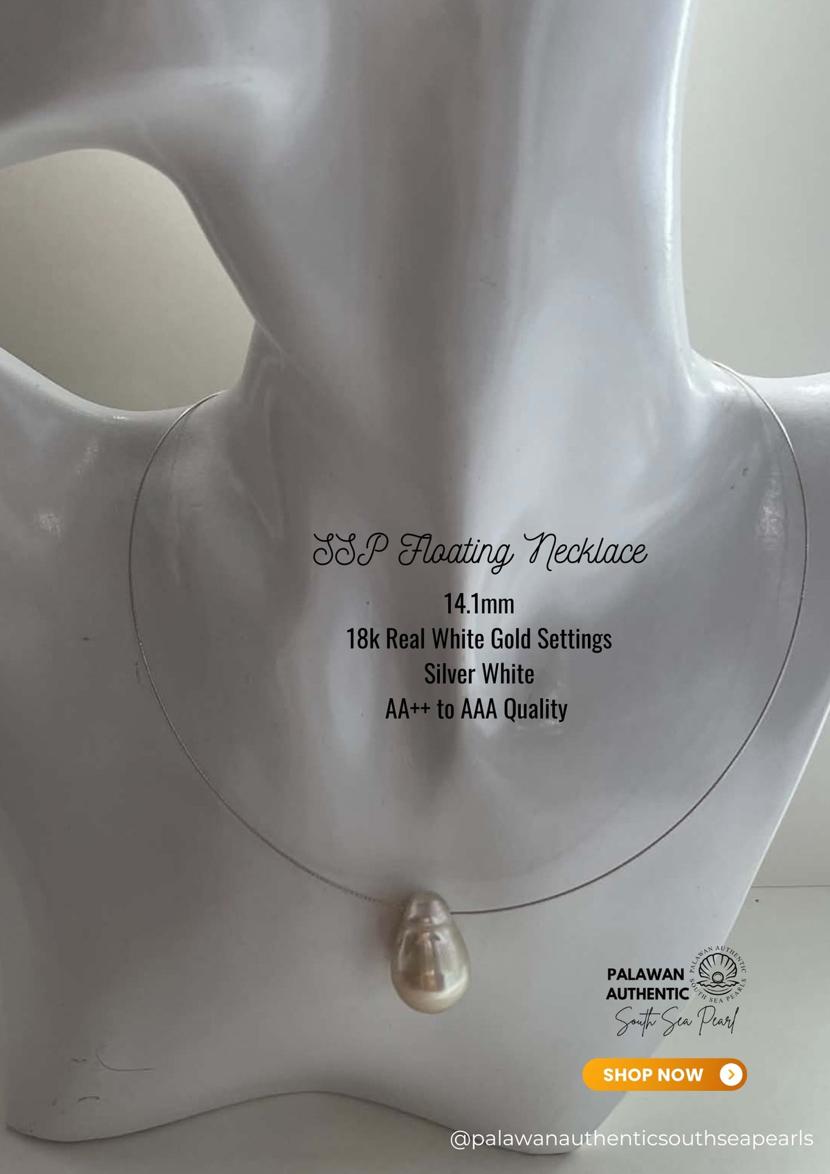 14.1mm Palawan Authentic Silver White Color South Sea Pearl Floating Necklace in 18k Real Gold Settings