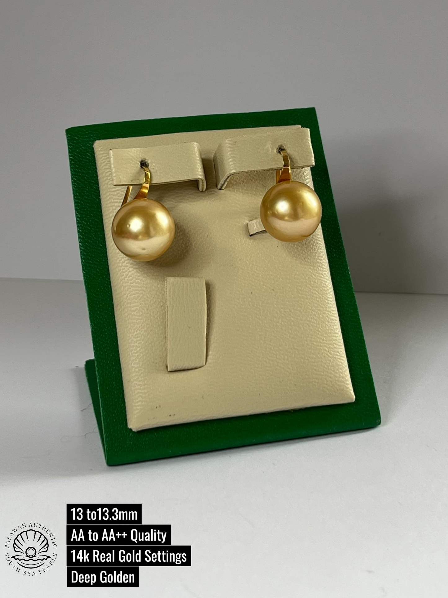13 to 13.1mm Palawan Authentic Deep Golden Color South Sea Pearl Earrings in 14k Real Gold Settings