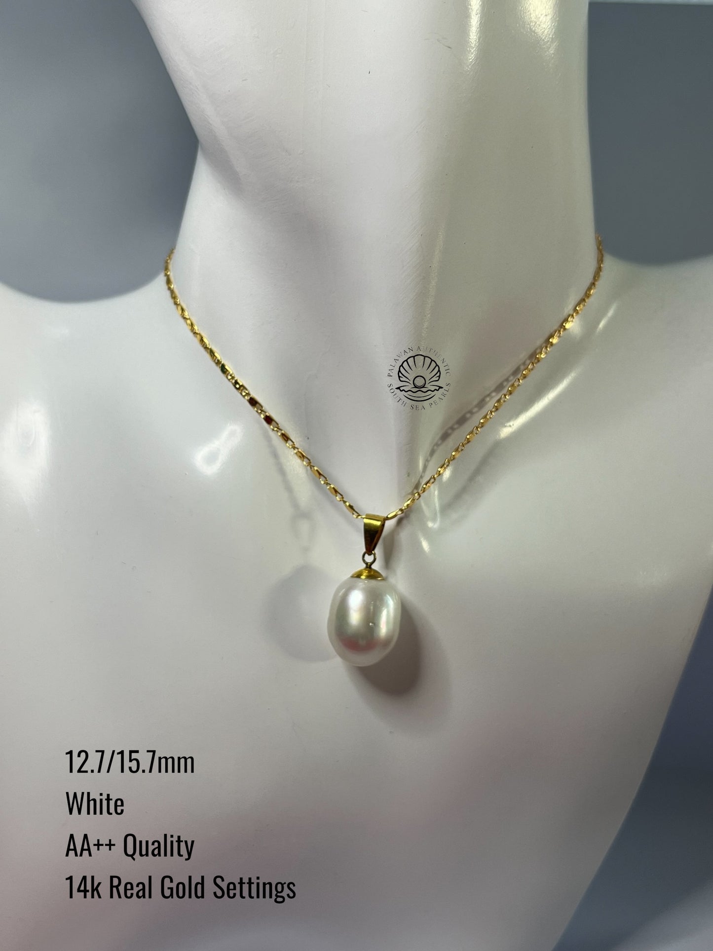 12.7/15.7mm Palawan Authentic White Color South Sea Pearl Pendant in 14k Real Gold Settings
