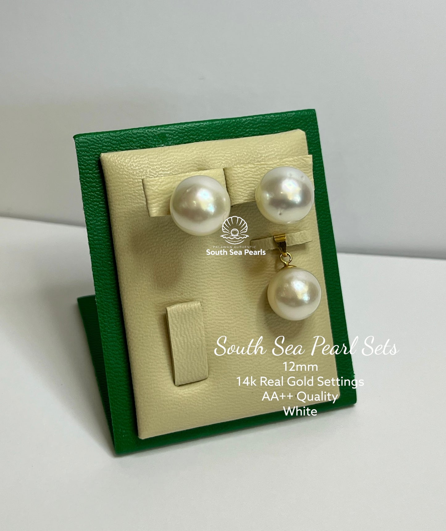12mm Palawan Authentic White Color South Sea Pearl Sets in 14k Real Gold Settings