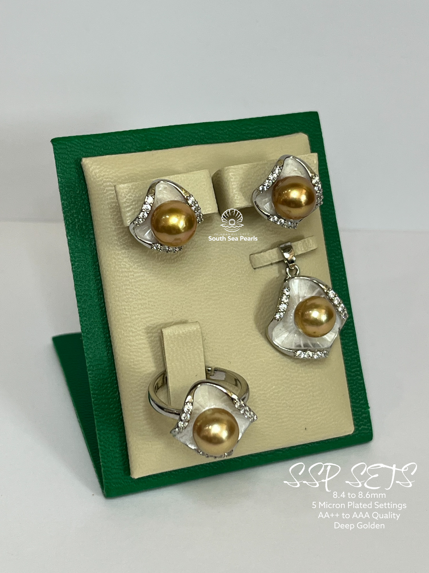 8.4 to 8.6mm Palawan Authentic Deep Golden Color South Sea Pearl Sets in 5 Micron Plated Settings