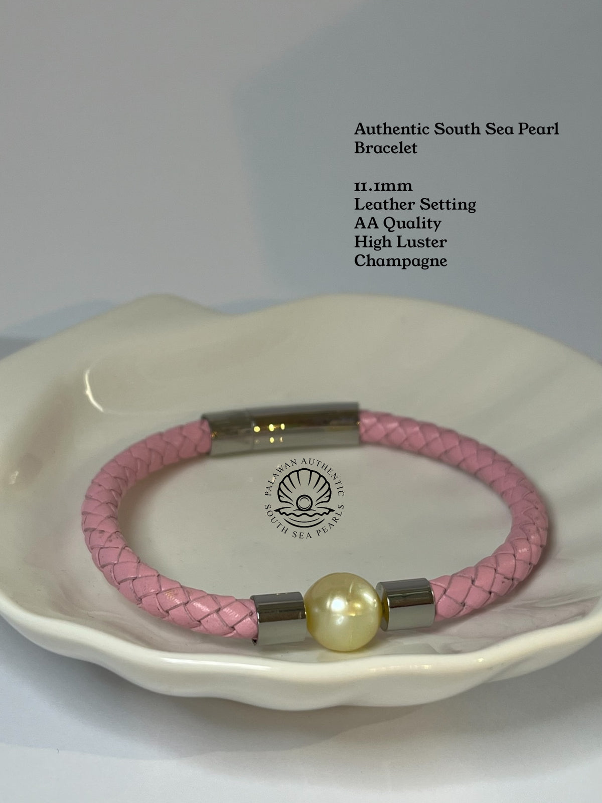 11.1mm Palawan Authentic Champagne Color South Sea Pearl Bracelet in Leather Settings