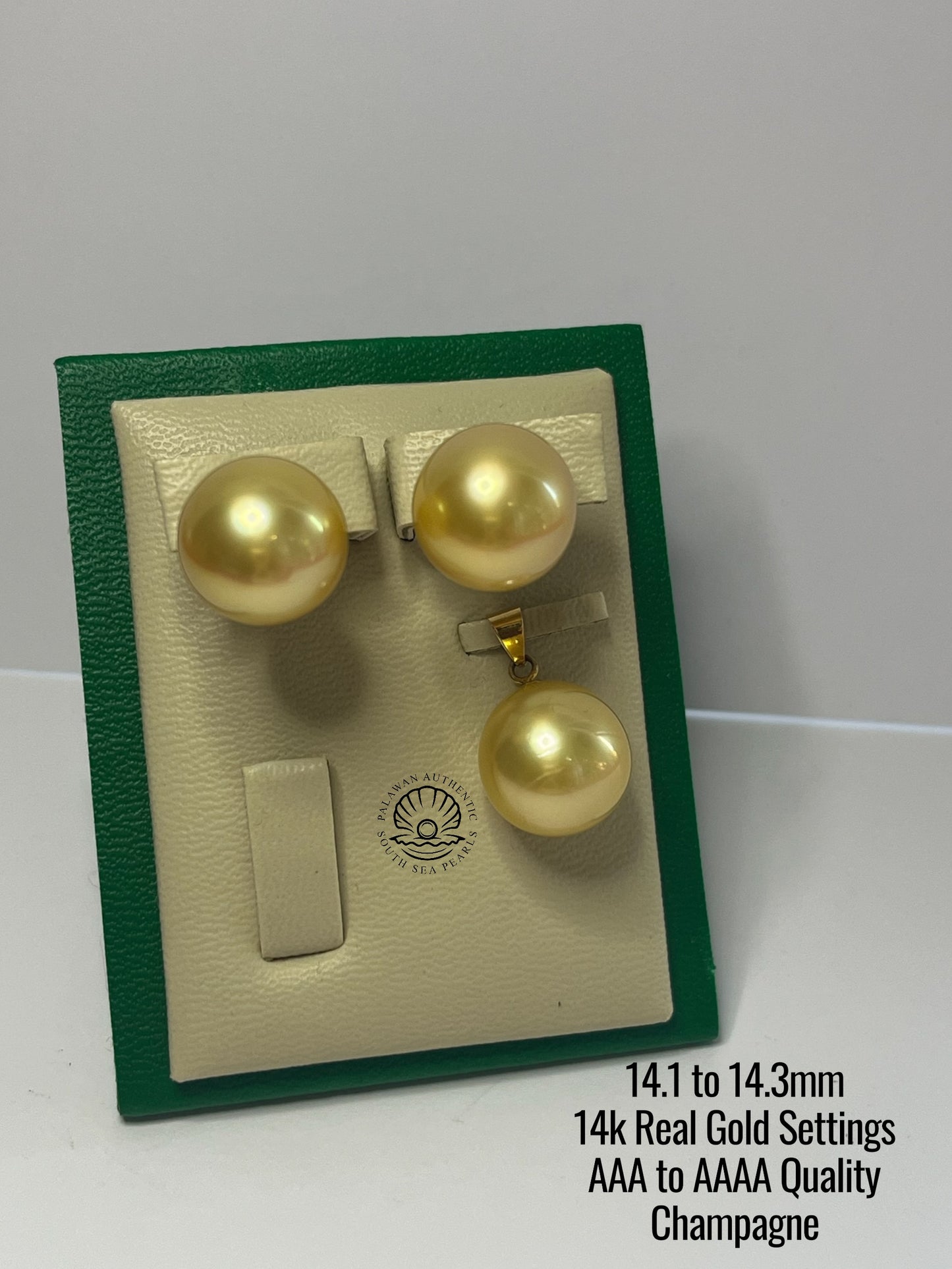 14.1 to 14.3mm Palawan Authentic Champagne Color South Sea Pearl Earrings in 14k Real Gold Settings