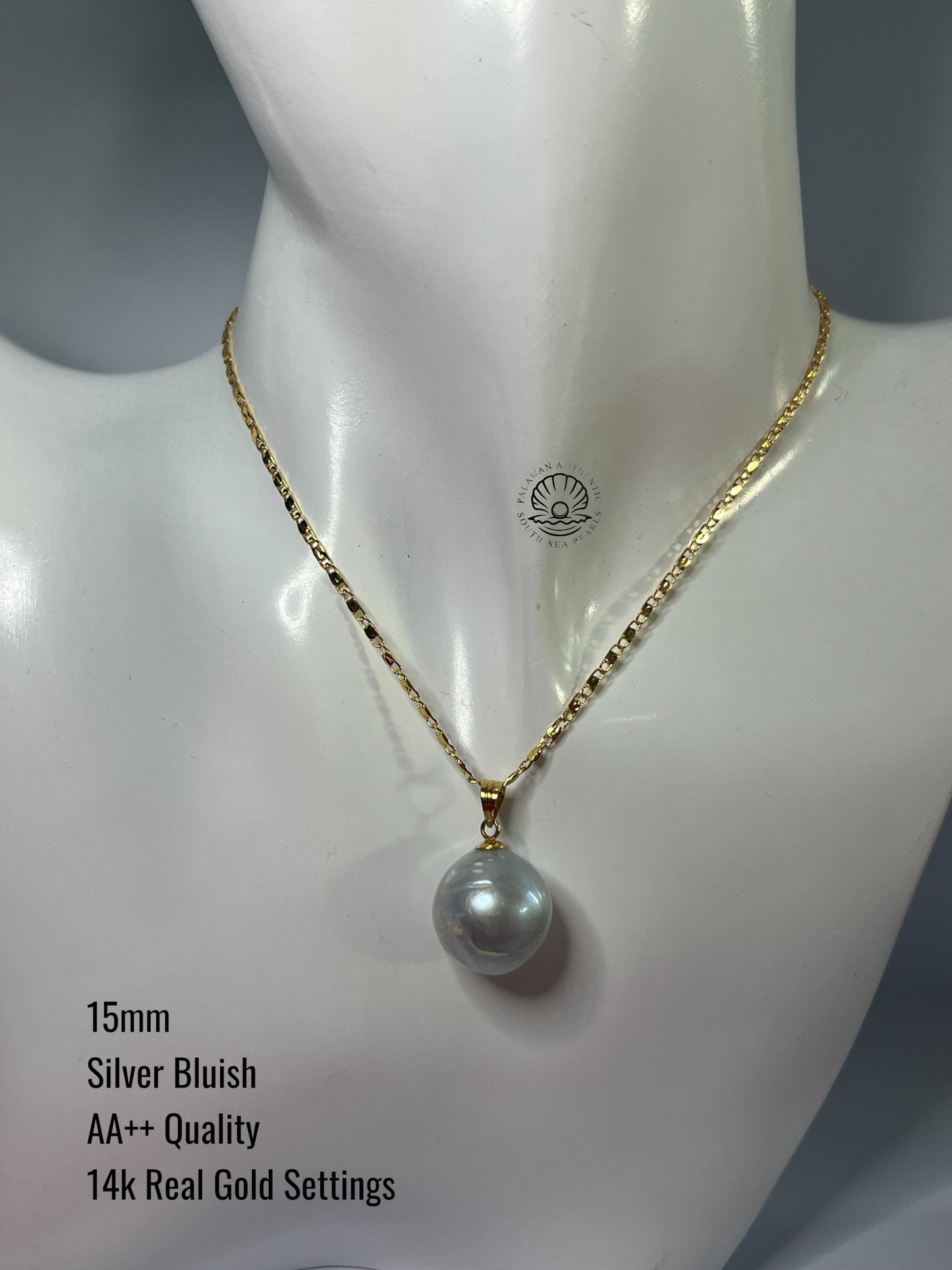 15mm Semi Baroque Palawan Authentic Silver Bluish Color South Sea Pearl Pendant in 14k Real Gold Settings