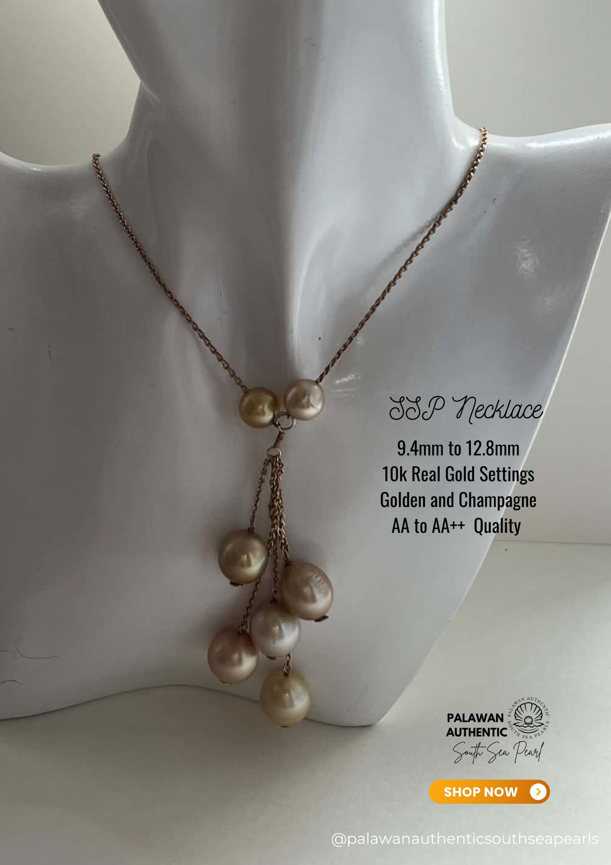 9.4mm to 12.8mm Palawan Authentic Golden and Champagne Color South Sea Pearl Necklace in 10k Real Gold Settings