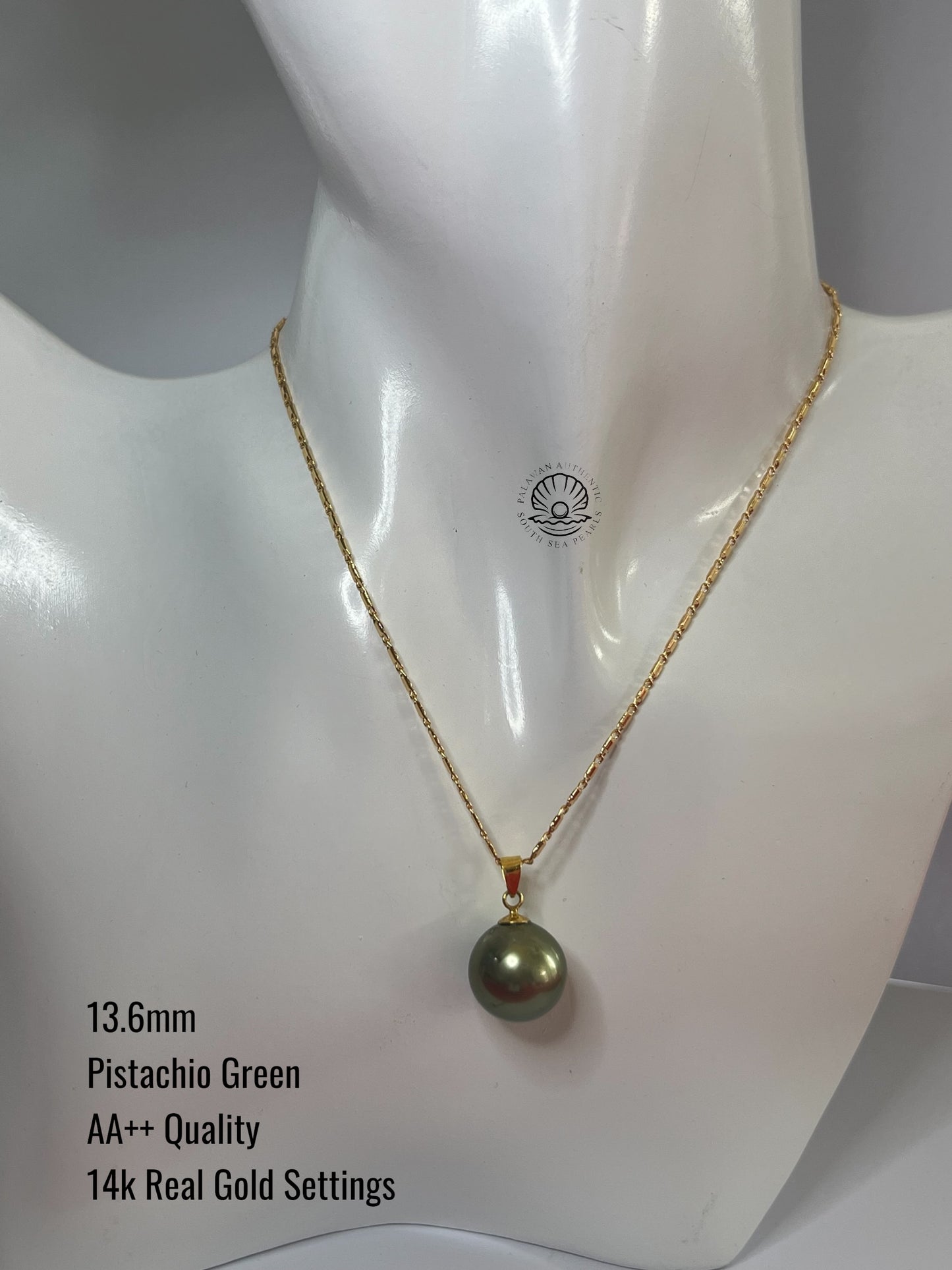 13.6mm Palawan Authentic Pistachio Green Color South Sea Pearl Pendant in 14k Real Gold Settings