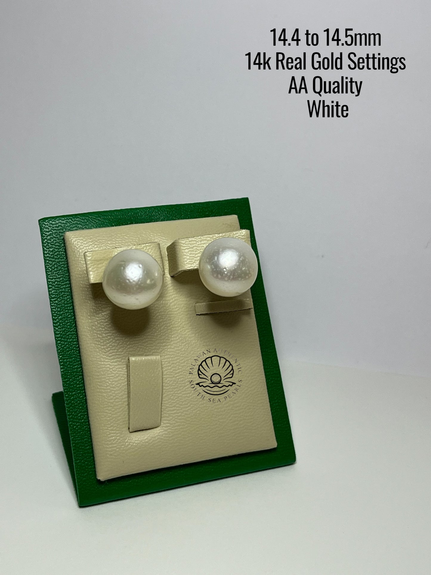 14.4 to 14.5mm Palawan Authentic White Color South Sea Pearl Earrings in 14k Real Gold Settings