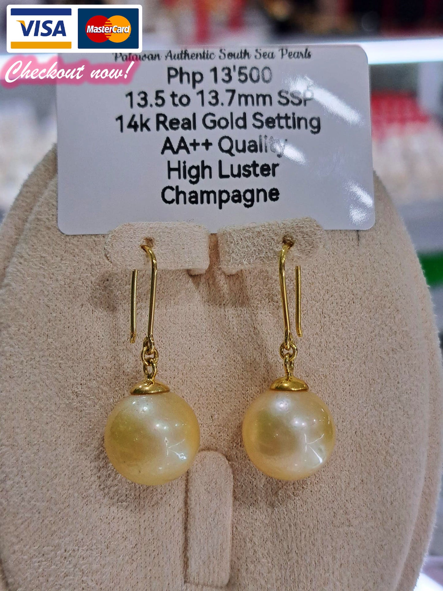13.5mm to 13.7mm Authentic Champagne South Sea Pearls Earrings