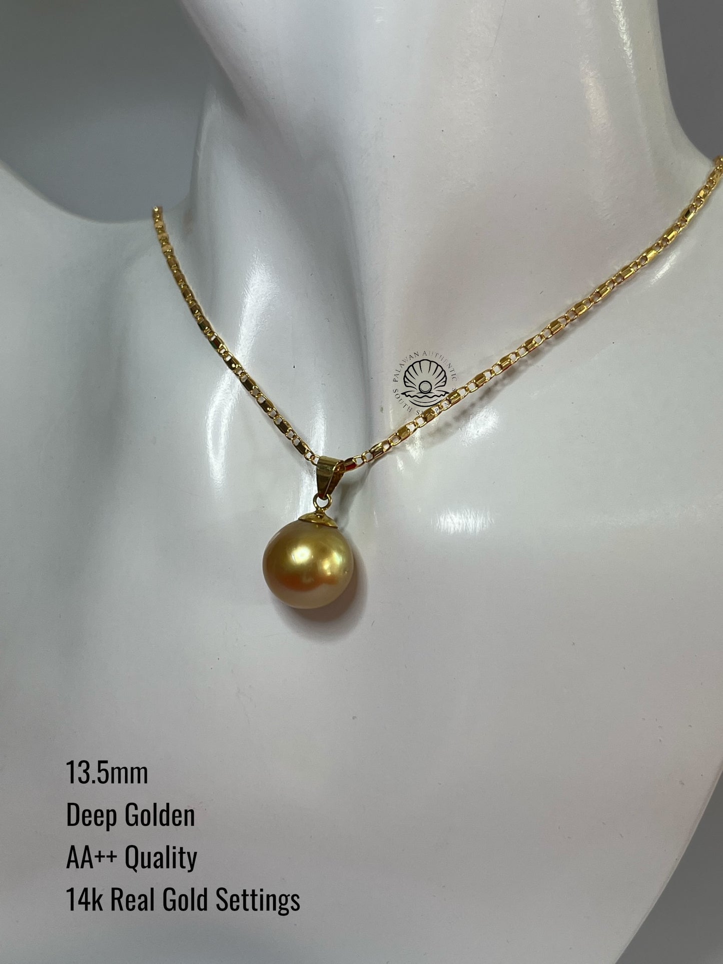 13.5mm Palawan Authentic Deep Golden Color South Sea Pearl Pendant in 14k Real Gold Settings