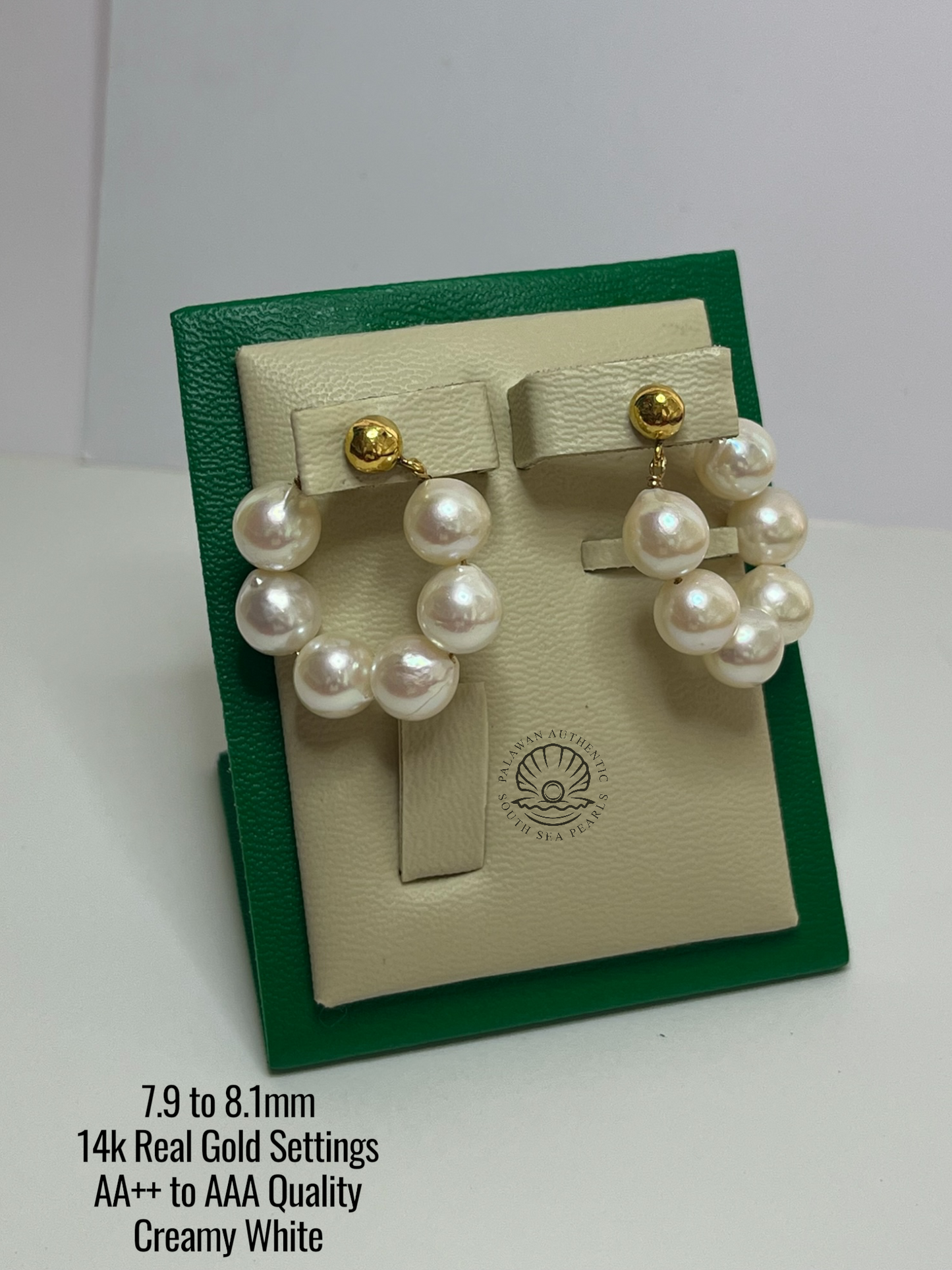 7.9 to 8.1mm Palawan Authentic Creamy White Color South Sea Pearl in 14k Real Gold Settings