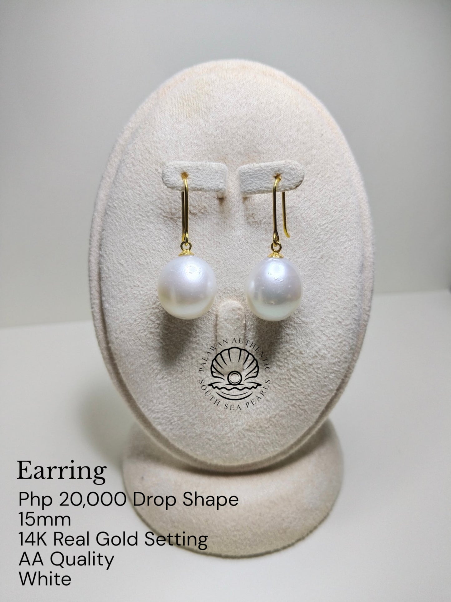 15mm Palawan Authentic White South Sea Pearls Earrings in 14k Real Gold Settings