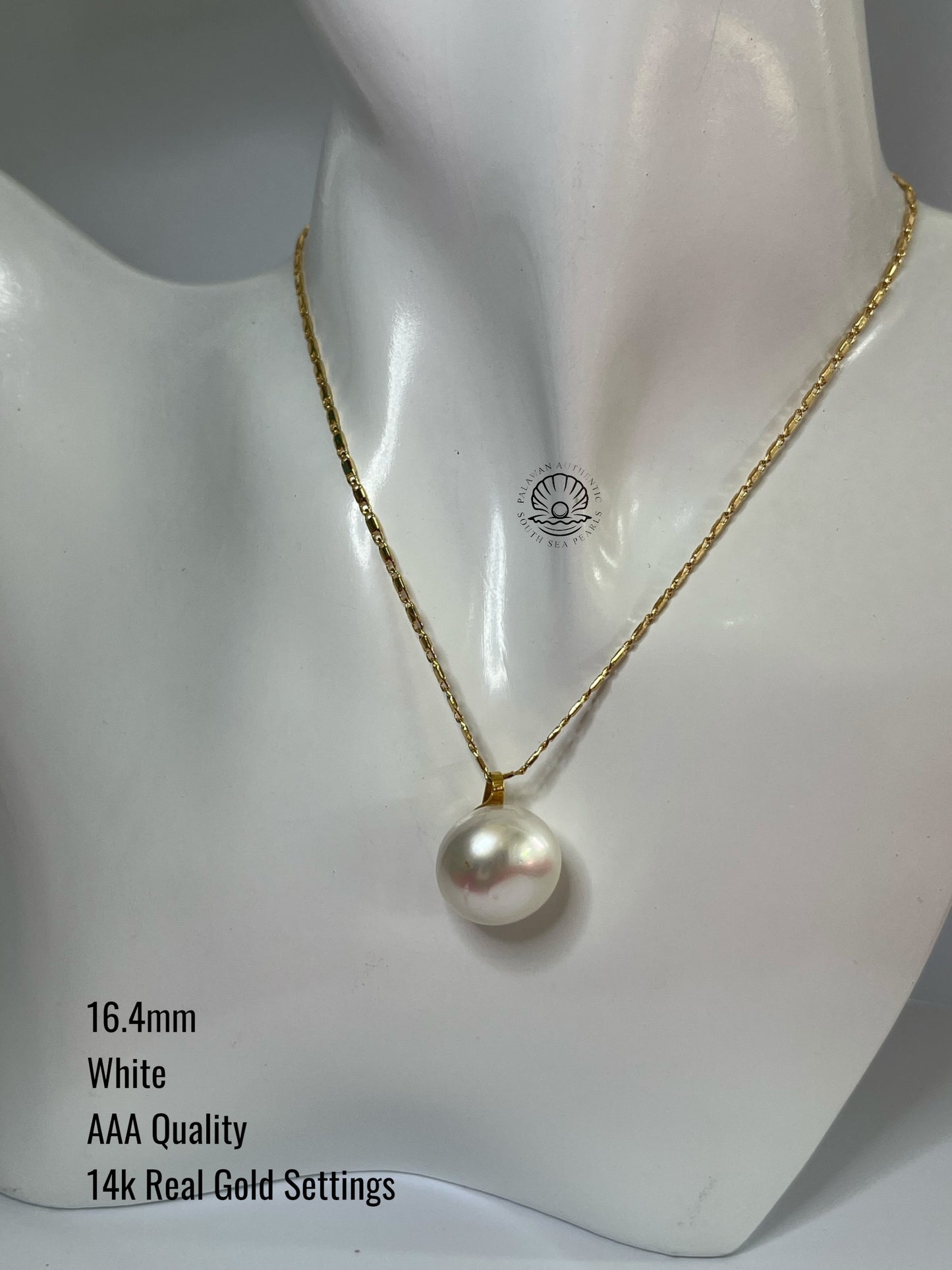 16.4mm Palawan Authentic White Color South Sea Pearl Pendant in 14k Real Gold Settings