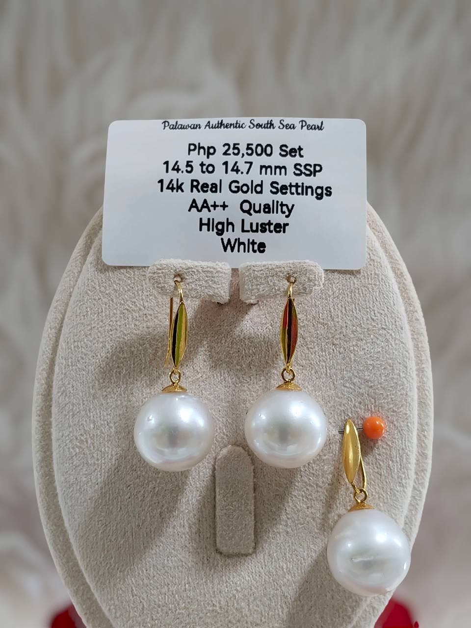 14.5mm to 14.7mm Authentic White South Sea Pearls Set in 14K Gold