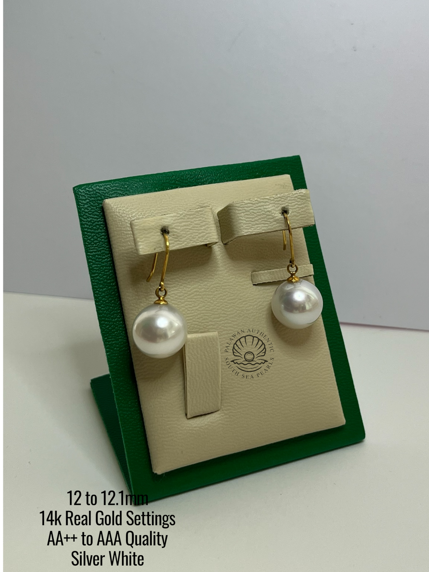 12 to 12.1mm Palawan Authentic Silver White Color South Sea Pearl Earrings in 14k Real Gold Settings
