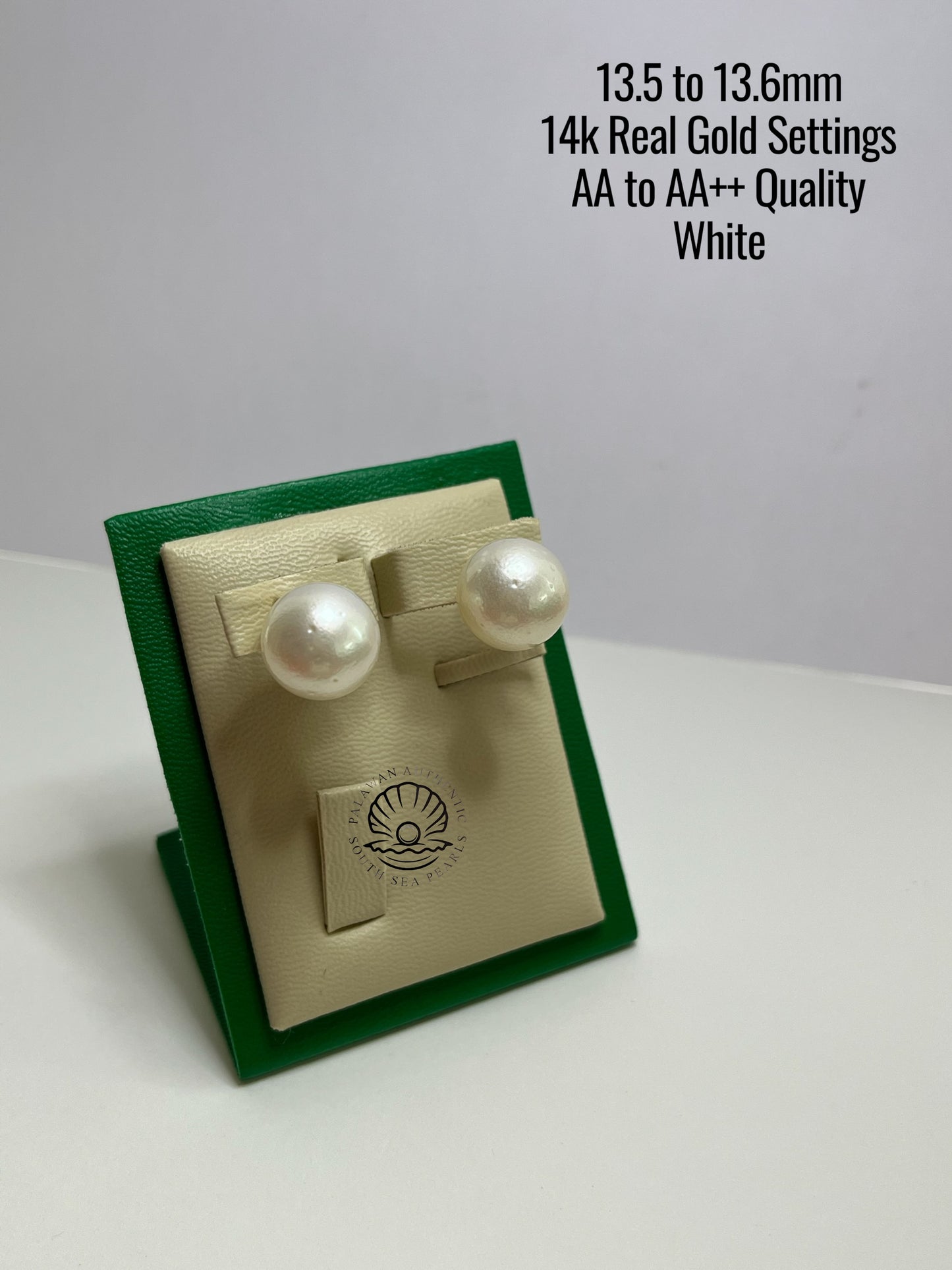 13.5 to 13.6mm Palawan Authentic White Color South Sea Pearl Earrings in 14k Real Gold Settings