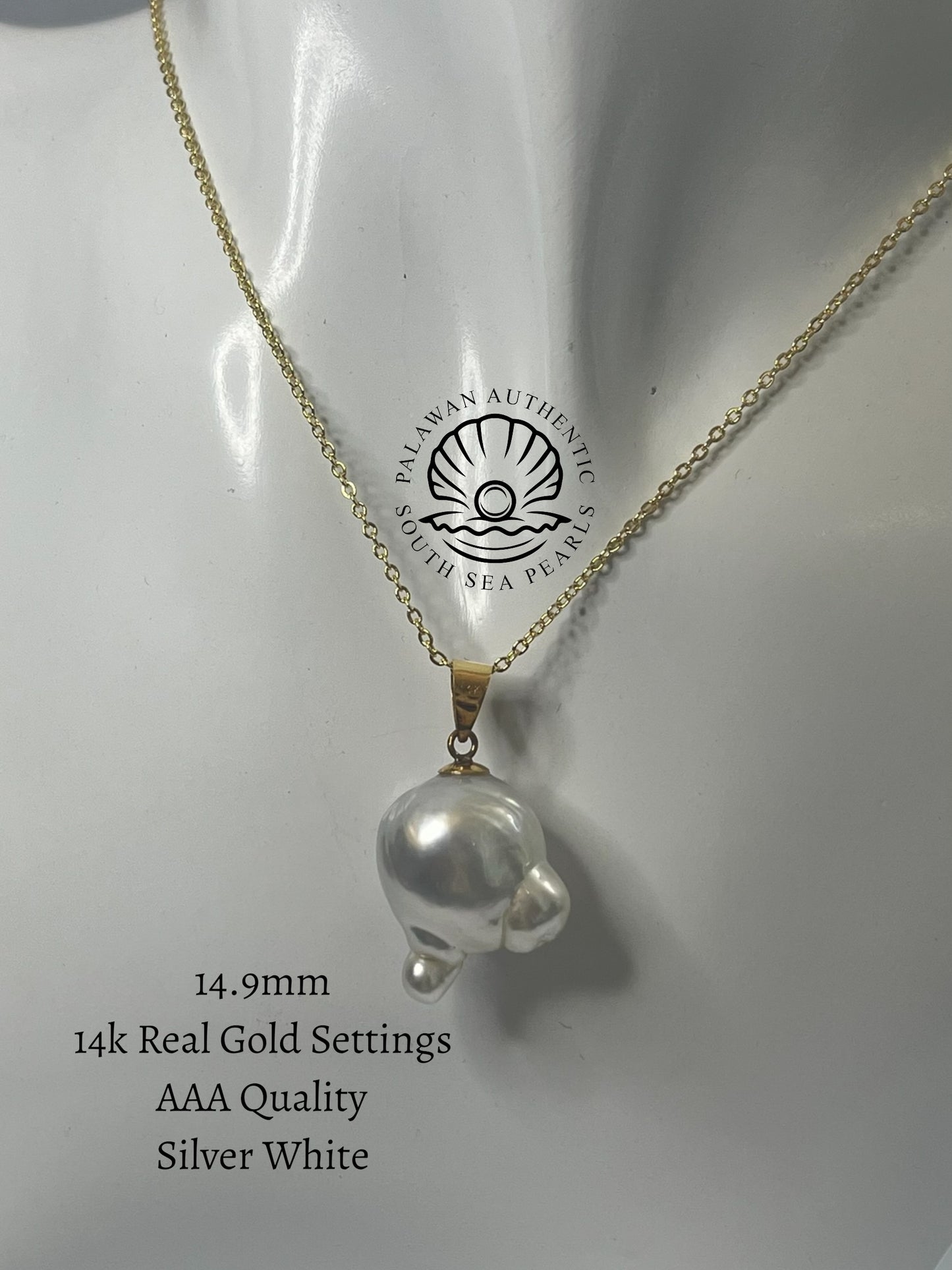 14.9mm Palawan Authentic Silver White Color South Sea Pearl Pendant in 14k Real Gold Settings