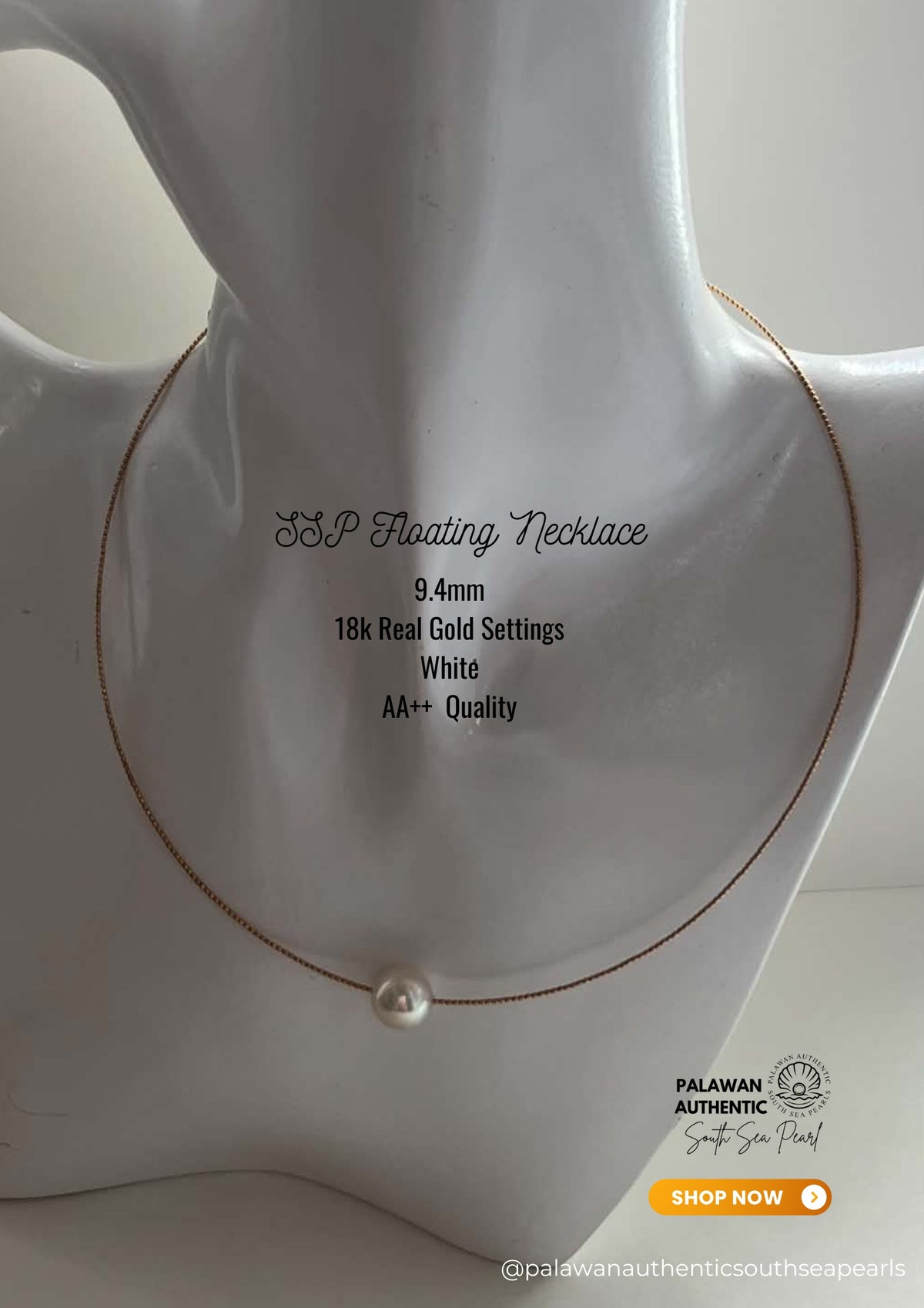 9.4mm Palawan Authentic White Color South Sea Pearl Floating Necklace in 18k Real Gold Settings