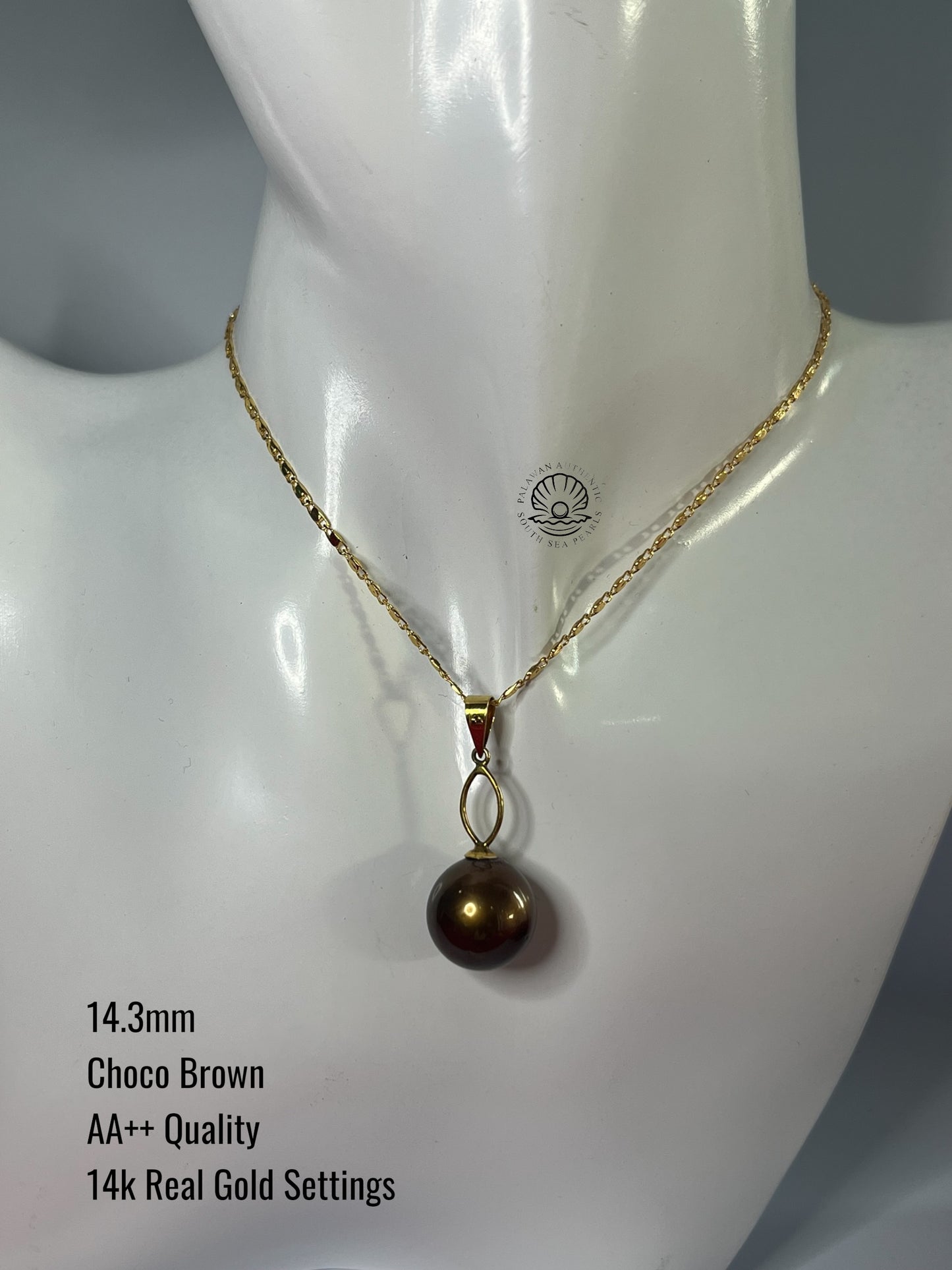 14.3mm Palawan Authentic Choco Brown Color South Sea Pearl Pendant in 14k Real Gold Settings