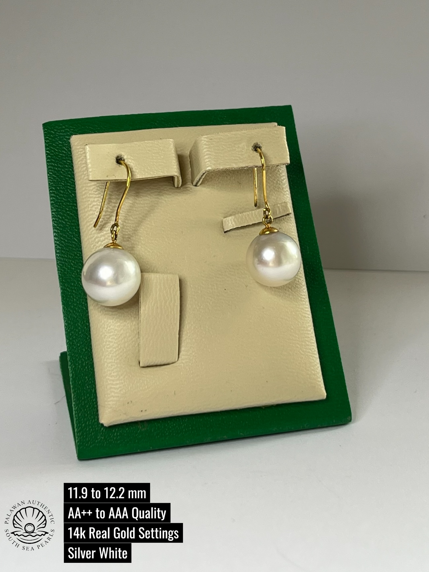 11.9 to 12.2mm Palawan Authentic Silver White Color South Sea Pearl Earrings in 14k Real Gold Settings