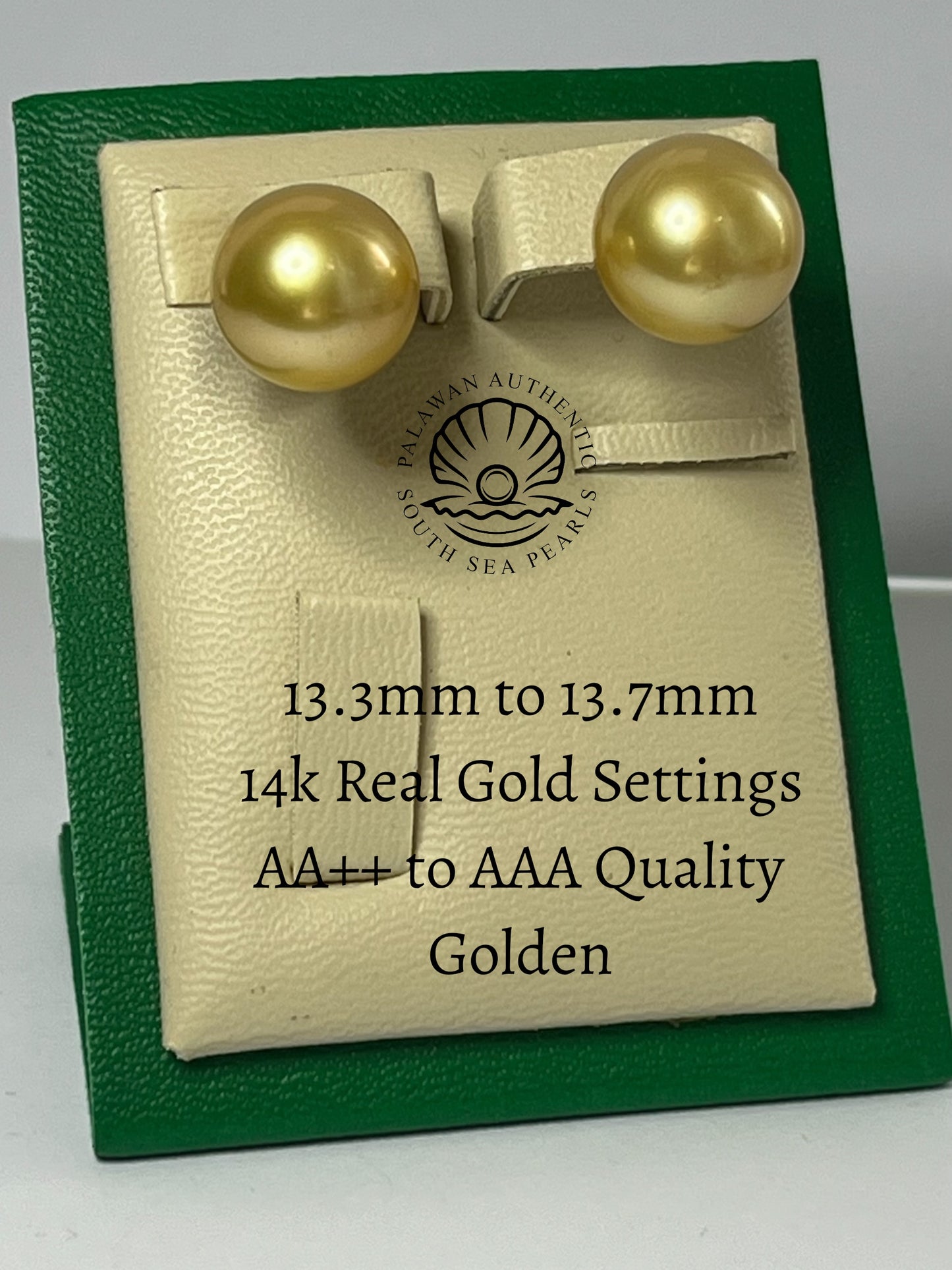 13.3 to 13.7mm Palawan Authentic Golden Color South Sea Pearl Earrings in 14k Real Gold Settings