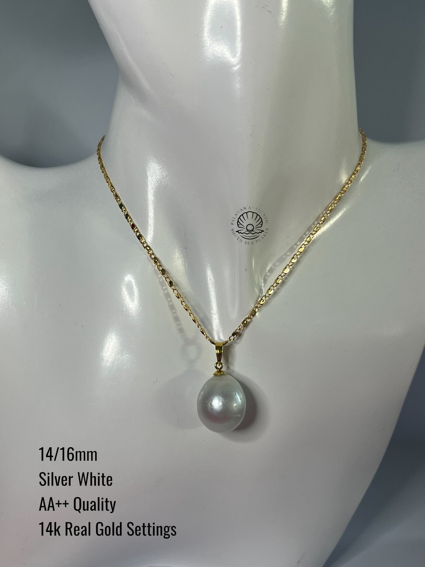 14/16mm Palawan Authentic Silver White Color South Sea Pearl Pendant in 14k Real Gold Settings