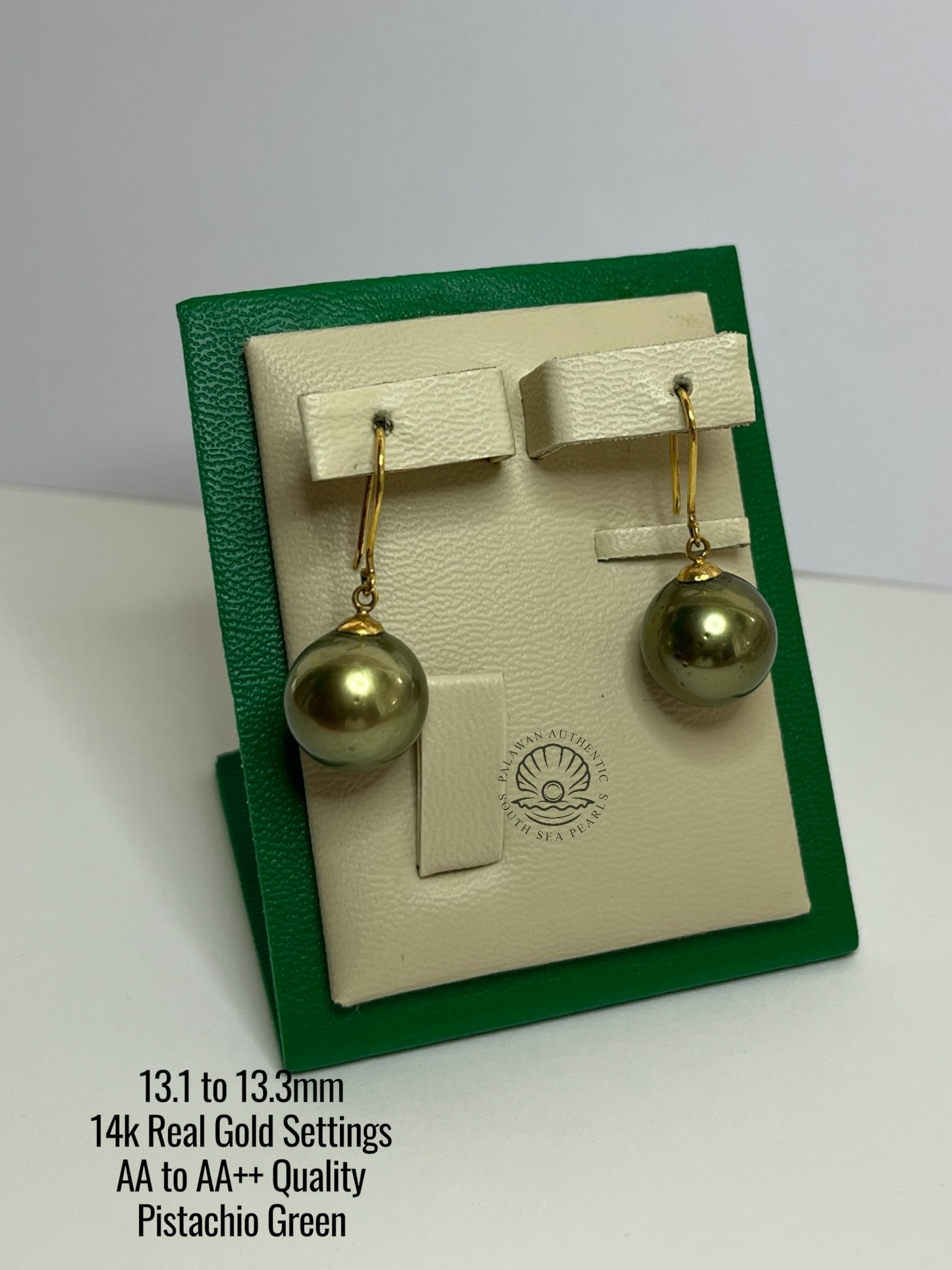13.1 to 13.3mm Palawan Authentic Pistachio Green Color South Sea Pearl in 14k Real Gold Settings