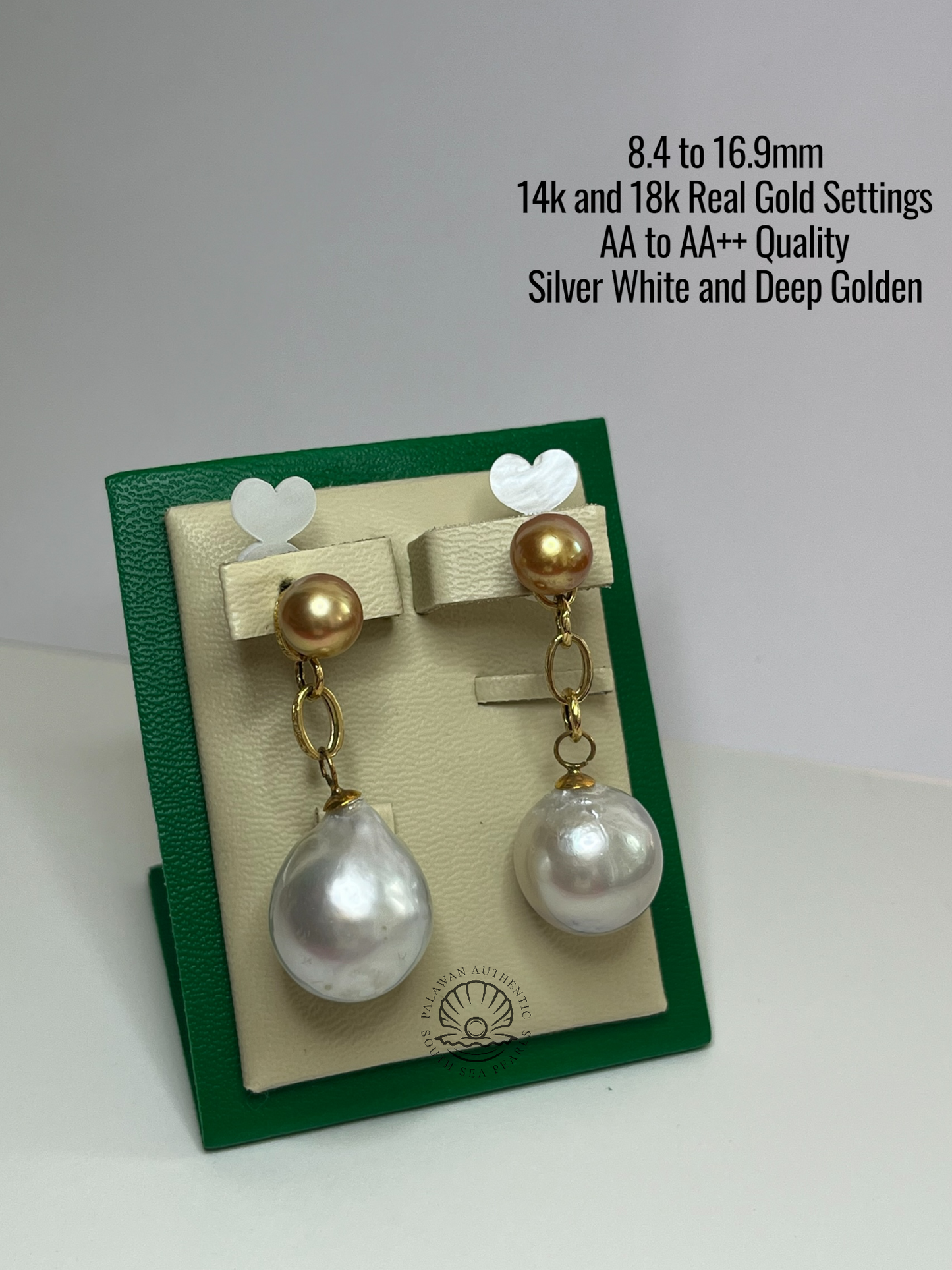 8.4 to 16.9mm Palawan Authentic Silver White and Deep Golden Color South Sea Pearl in 14k and 18k Real Gold Settings