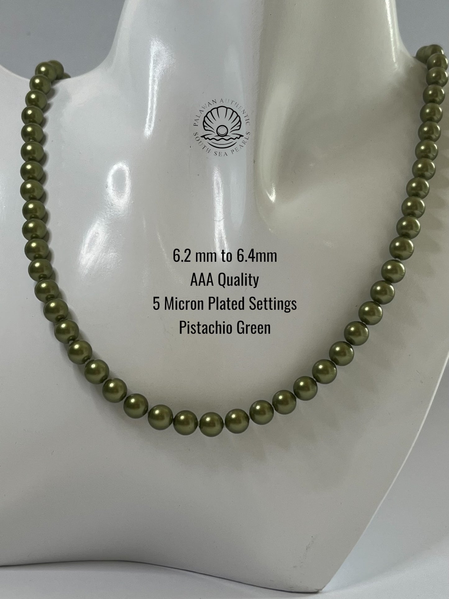 6.2 to 6.4mm Palawan Authentic Pistachio Green Color South Sea Pearl Choker in 5 Micron Lock Settings