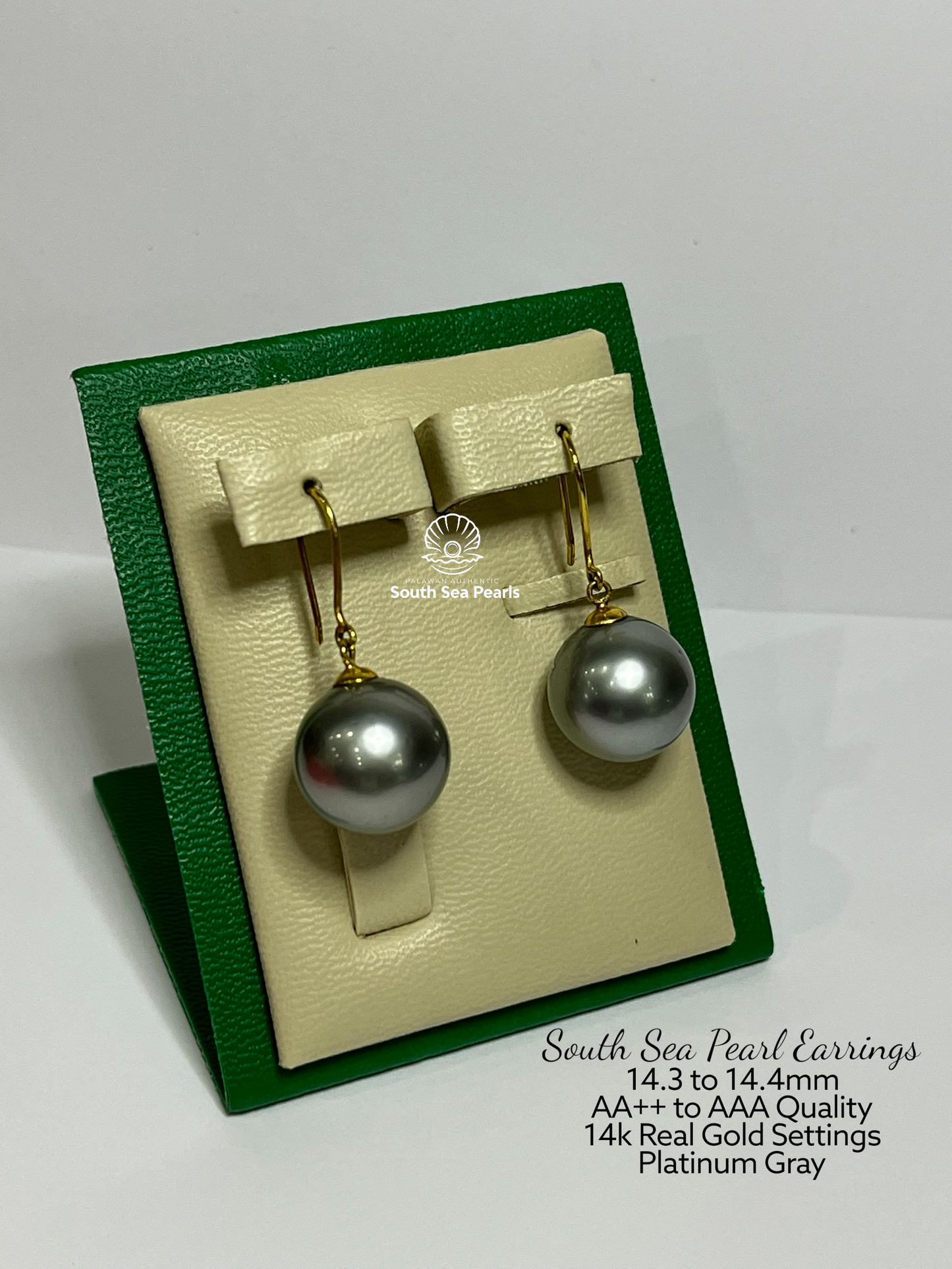 14.3 to 14.4mm Palawan Authentic Platinum Gray Color South Sea Pearl Earrings in 14k Real Gold Settings